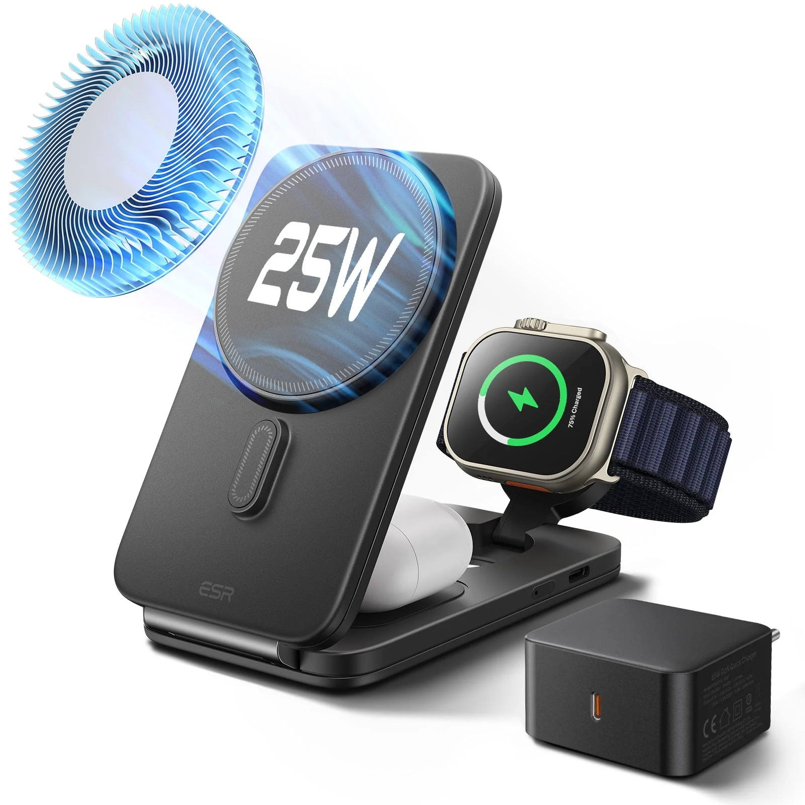 CryoBoost Foldable 3-in-1 Magnetic Charging Station (25W) – EU Plug-Black