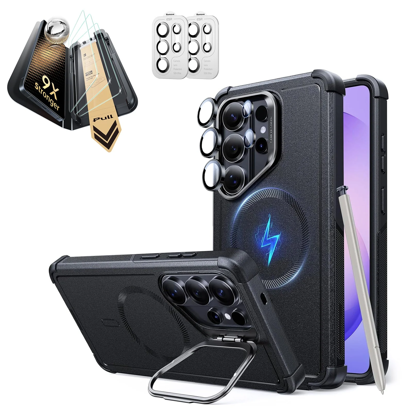 Galaxy S26 Ultra Bundle Cyber Tough Magnetic Case (Stash Stand) and Armorite® Pro Screen Protector - Black