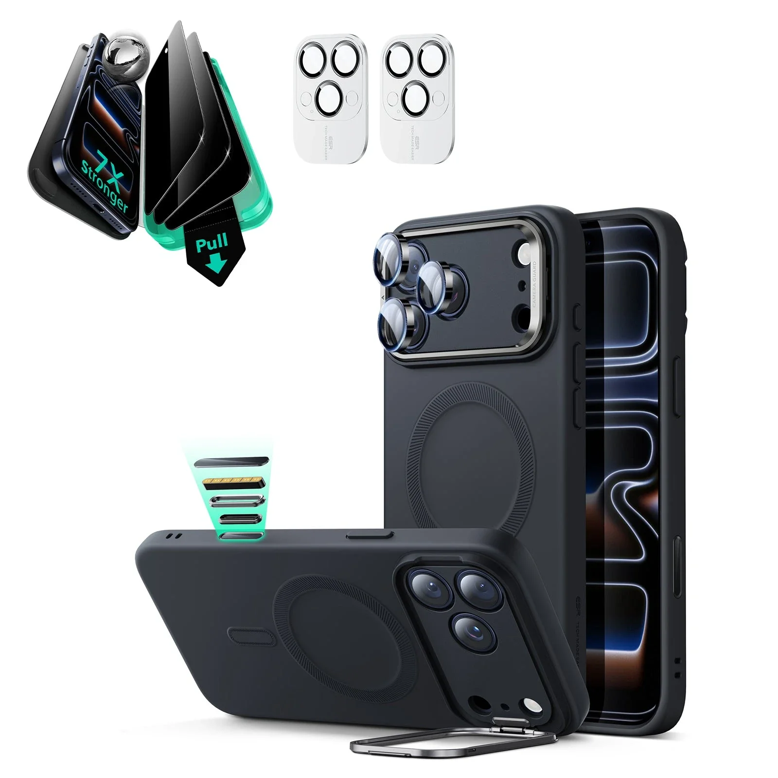 iPhone 17 Pro Cloud Soft Magnetic Case (Camera Control, Stash Stand) Armorite Privacy Protection Bundle - Black