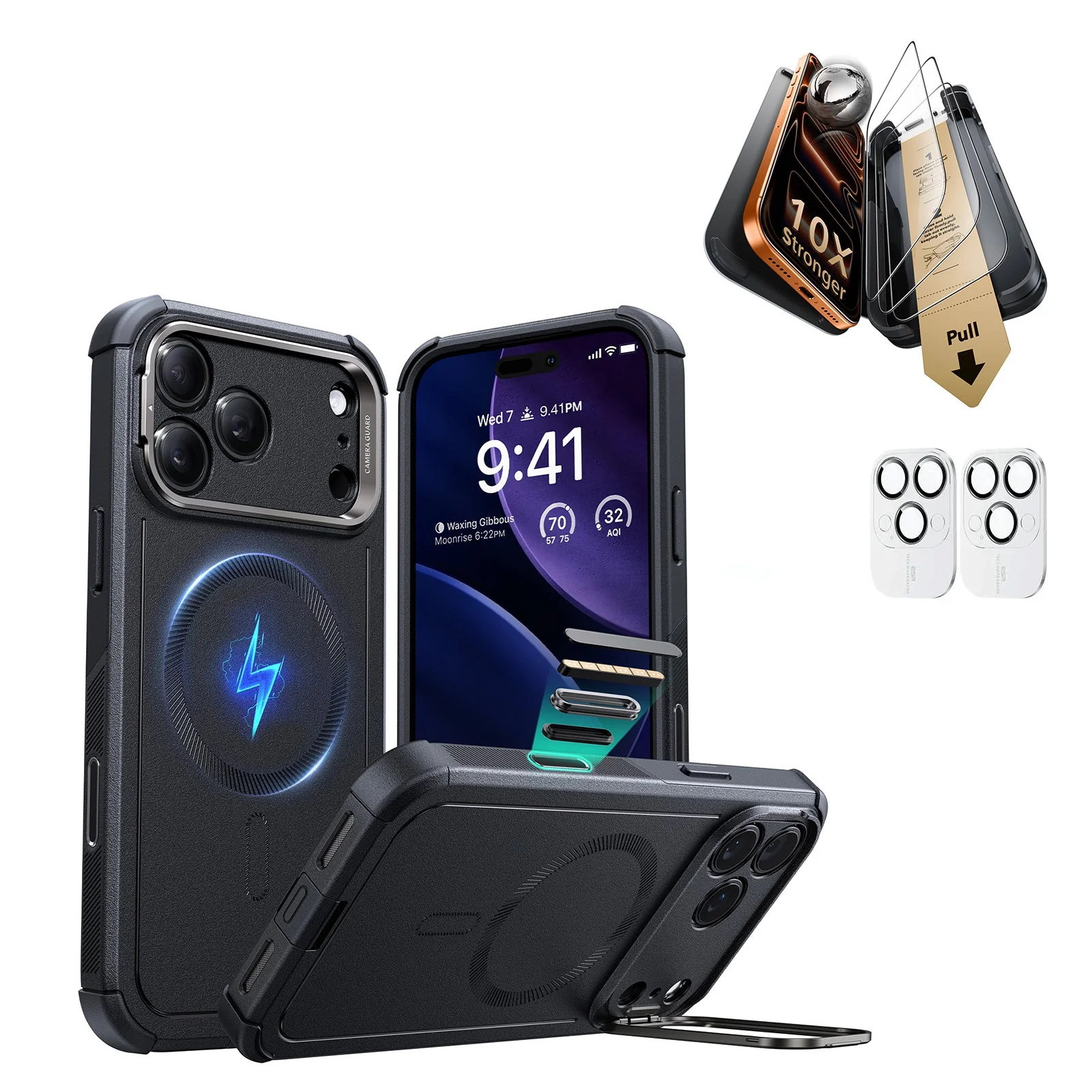 iPhone 17 Pro Max Bundle Cyber Tough Magnetic Case (Camera Control, Stash Stand) and Armorite Pro Screen Protector - Black