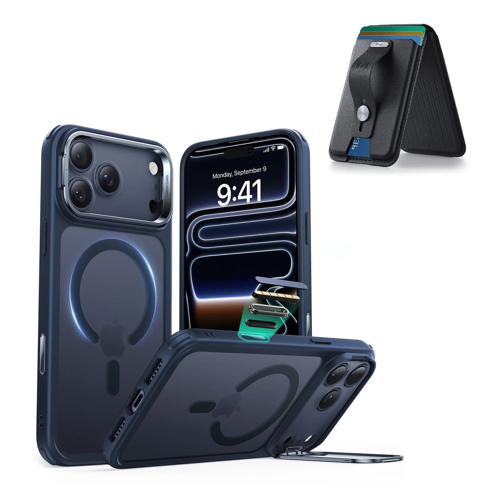 iPhone 17 Pro Classic Hybrid Magnetic Case (Camera Control, Stash Stand) with Wallet Stand Bundle - Frosted Blue
