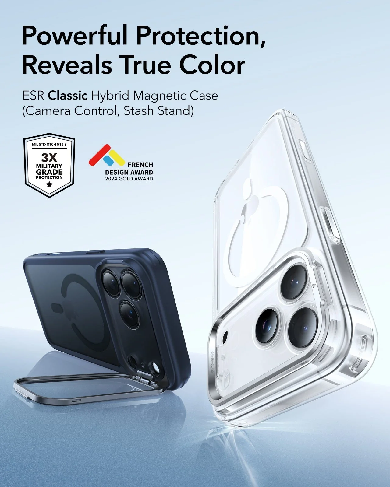 iPhone 17 Pro Max Classic Hybrid Magnetic Case (Camera Control, Stash Stand) - Frosted Blue - Image 2