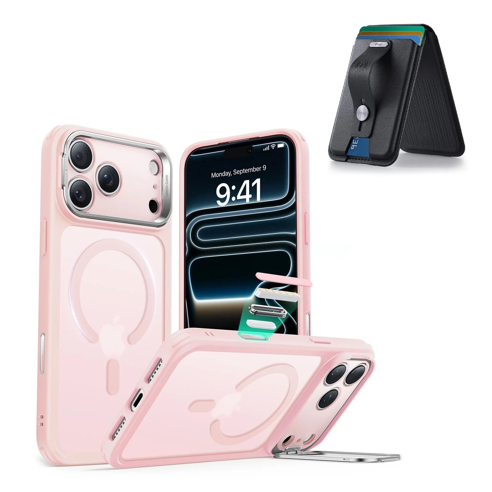 iPhone 17 Pro Classic Hybrid Magnetic Case (Camera Control, Stash Stand) with Wallet Stand Bundle - Frosted Bubblegum Pink
