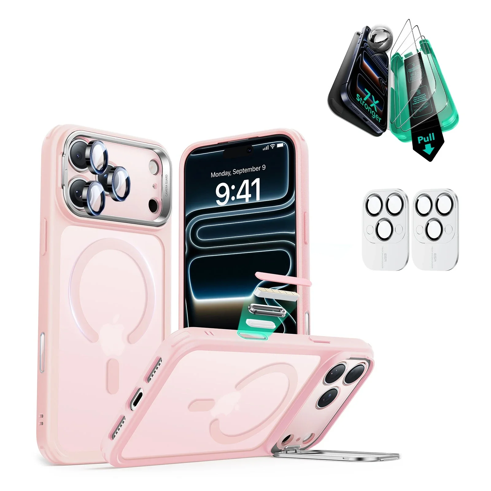 iPhone 17 Pro Bundle Classic Hybrid Magnetic Case (Camera Control, Stash Stand) and Armorite Screen Protector - Frosted Bubblegum Pink