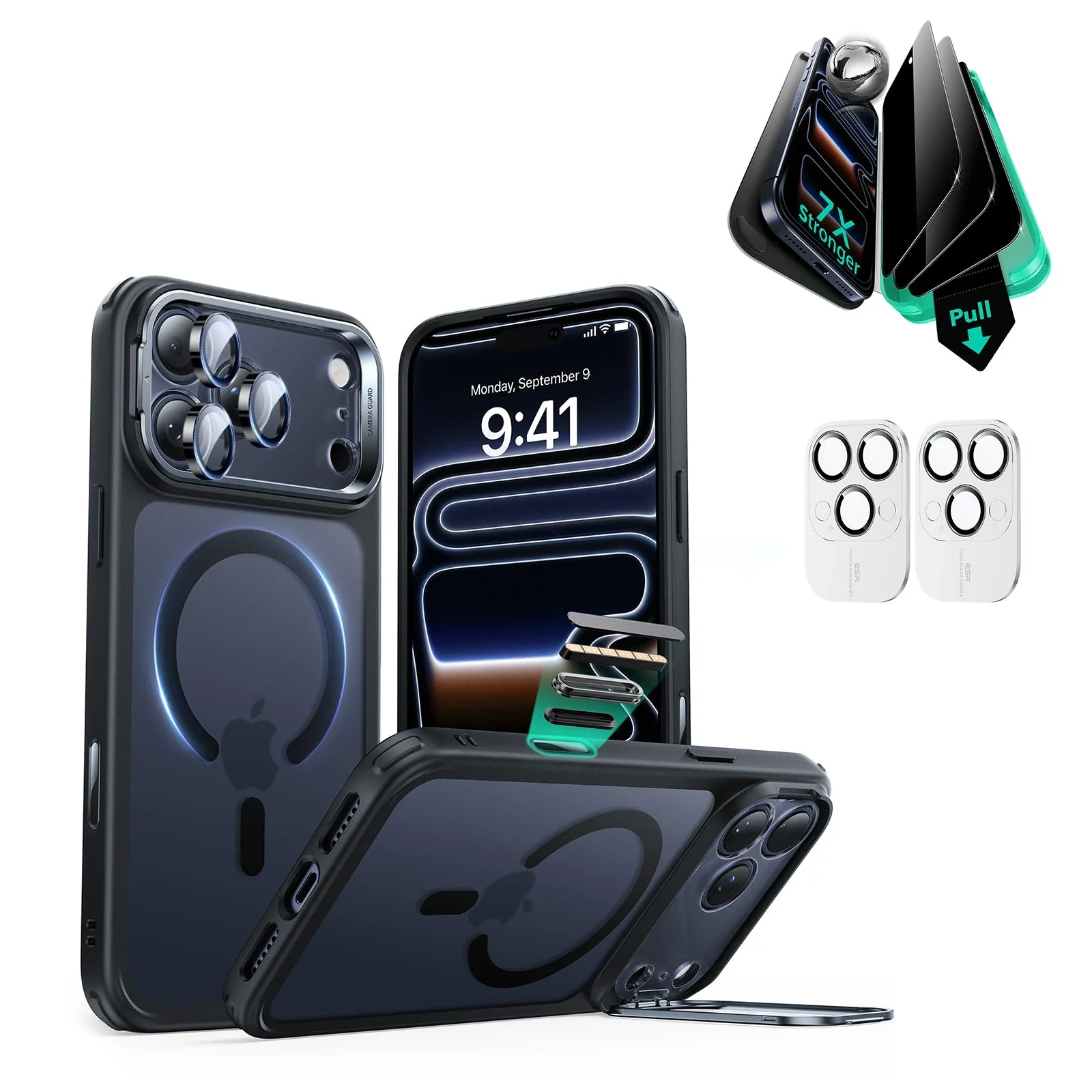 iPhone 17 Pro Bundle Classic Hybrid Magnetic Case (Camera Control, Stash Stand) and Armorite Privacy Screen Protector - Frosted Black