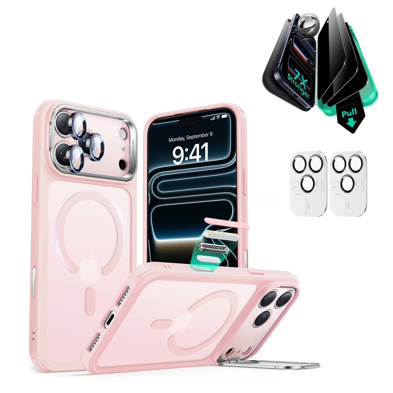 iPhone 17 Pro Bundle Classic Hybrid Magnetic Case (Camera Control, Stash Stand) and Armorite Privacy Screen Protector - Frosted Bubblegum Pink