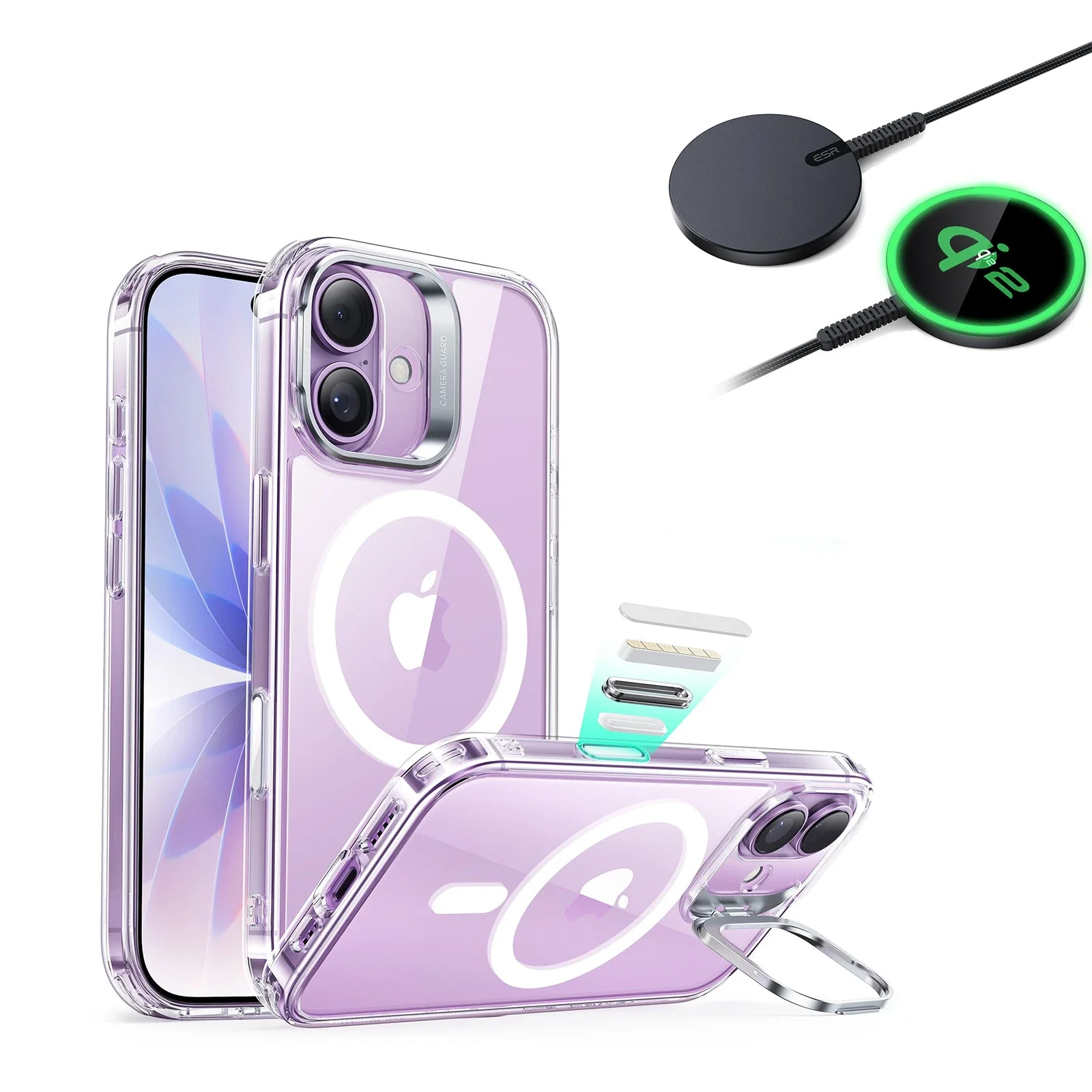iPhone 17 Bundle Classic Hybrid Magnetic Case (Camera Control, Stash Stand) and Magnetic Charging Pad (Qi2) - Clear