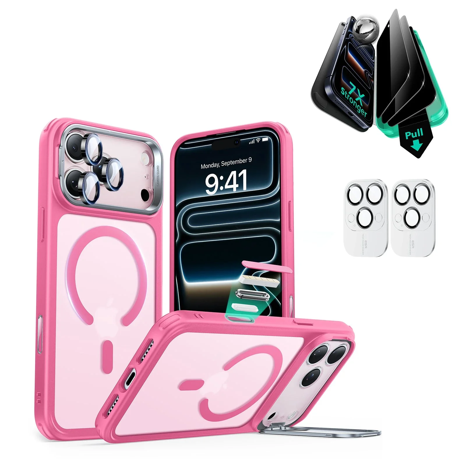 iPhone 17 Pro Bundle Classic Hybrid Magnetic Case (Camera Control, Stash Stand) and Armorite Privacy Screen Protector - Frosted Pink