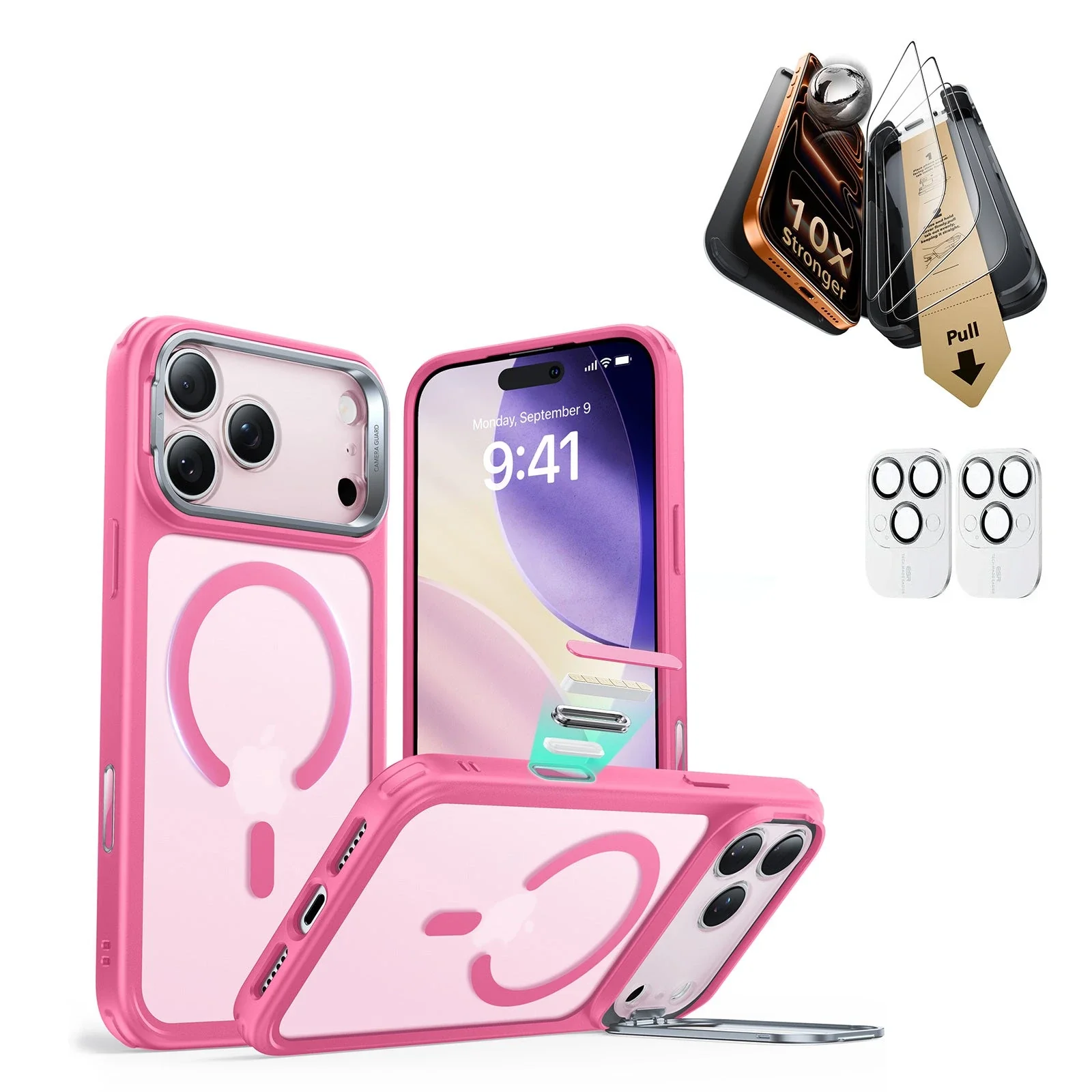 iPhone 17 Pro Bundle Classic Hybrid Magnetic Case (Camera Control, Stash Stand) and Armorite Pro Screen Protector - Frosted Pink