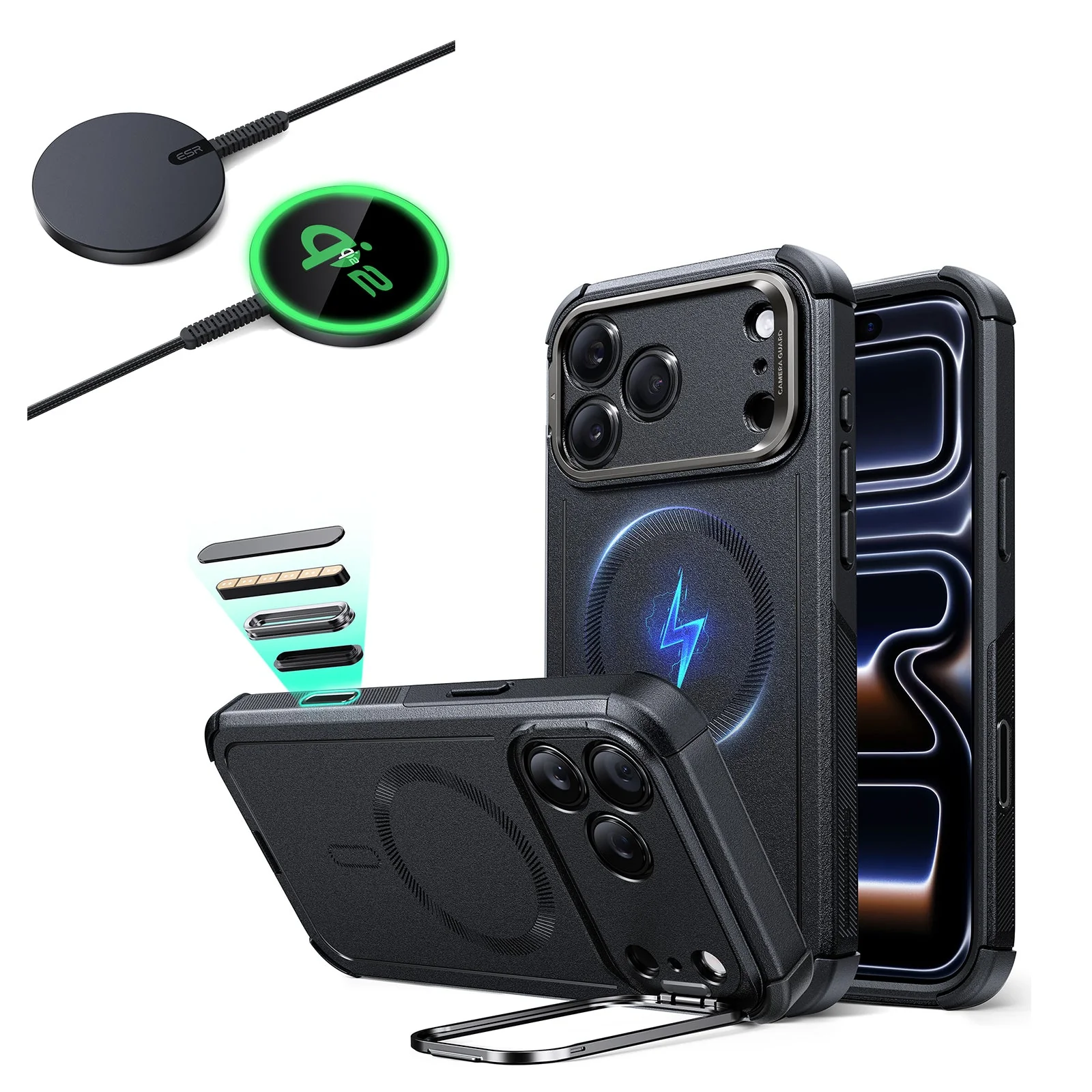 iPhone 17 Pro Bundle Cyber Tough Magnetic Case (Camera Control, Stash Stand) and Magnetic Charging Pad (Qi2) - Black