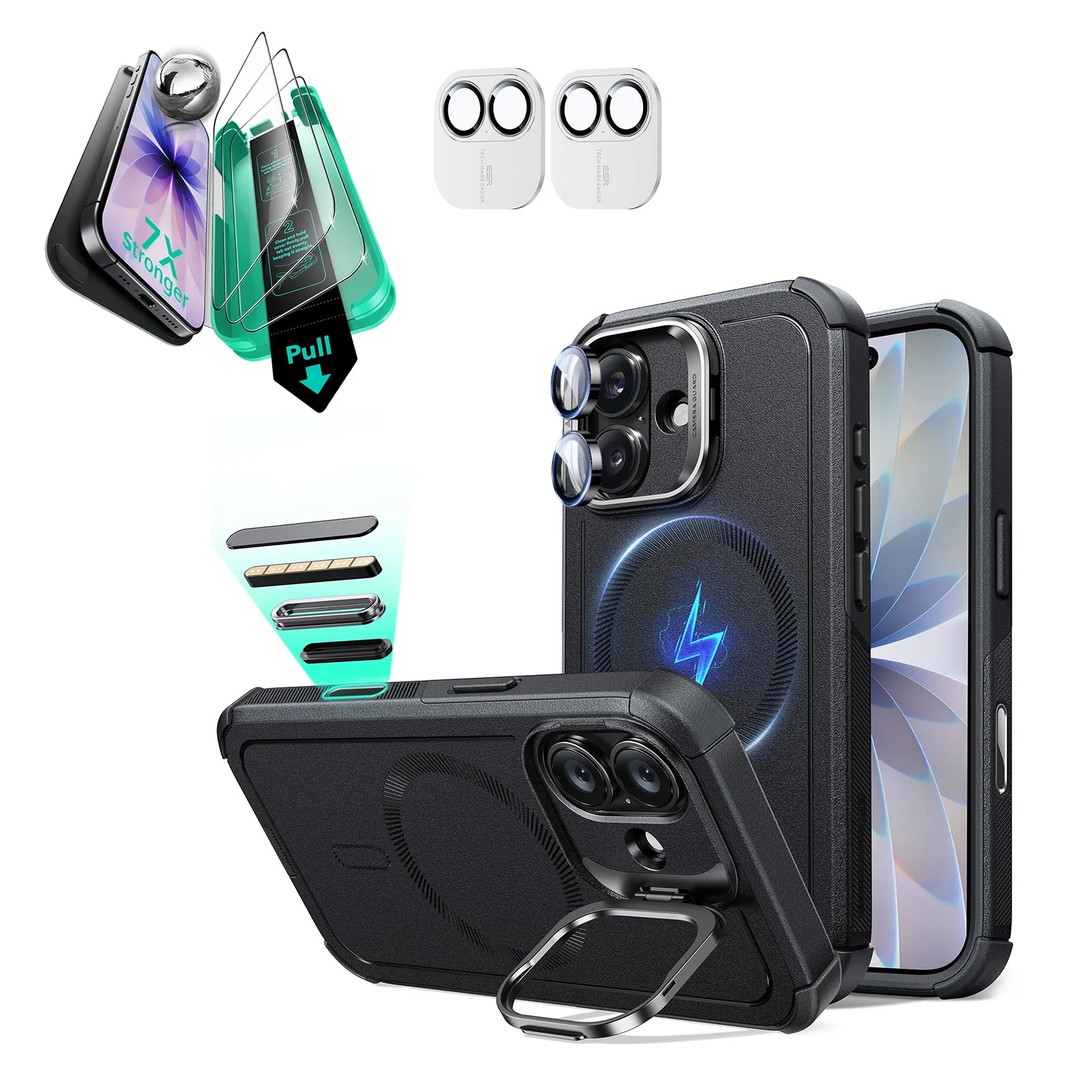 iPhone 17 Bundle Cyber Tough Magnetic Case (Camera Control, Stash Stand) and Armorite Screen Protector - Black