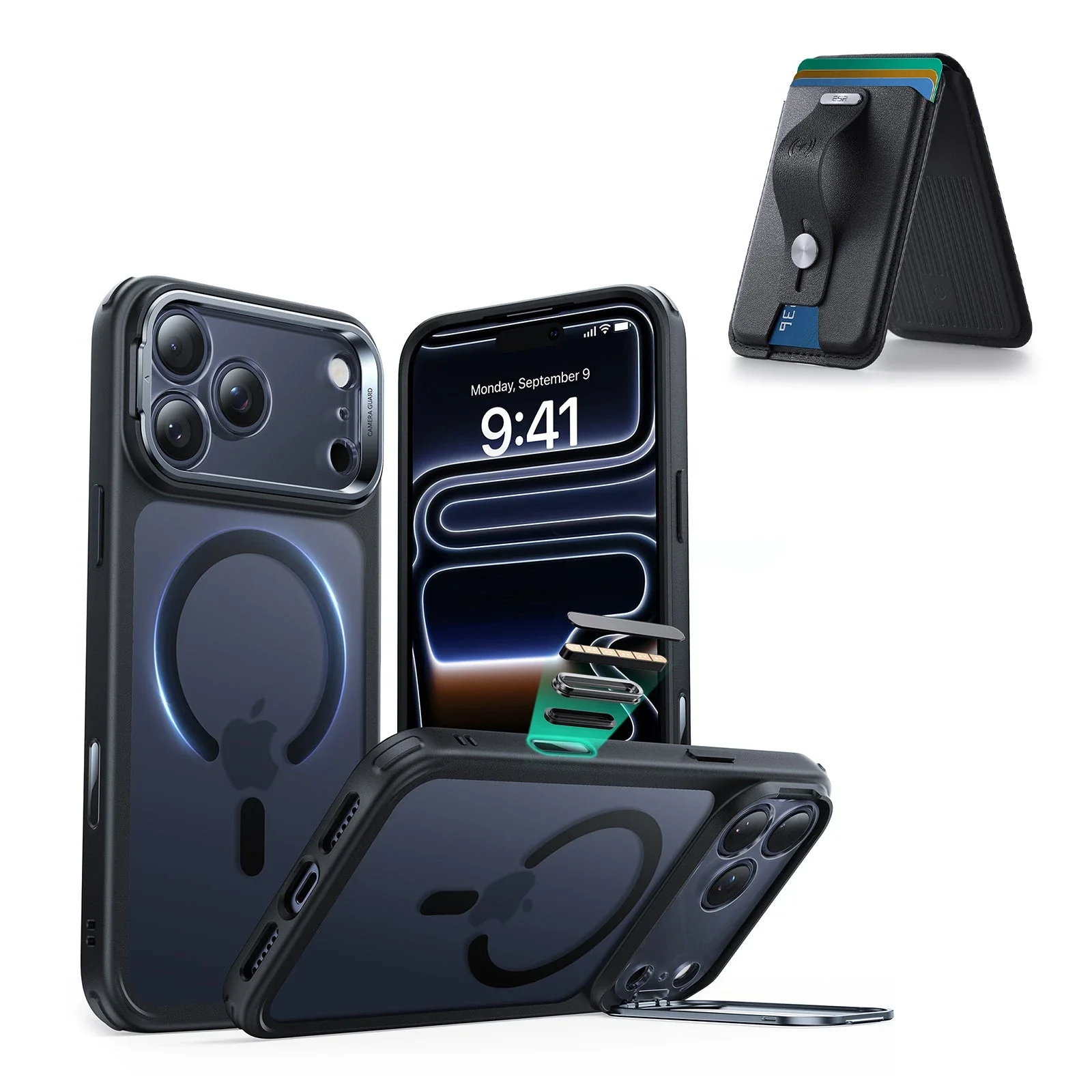 iPhone 17 Pro Max Classic Hybrid Magnetic Case (Camera Control, Stash Stand) with Wallet Stand Bundle - Frosted Black