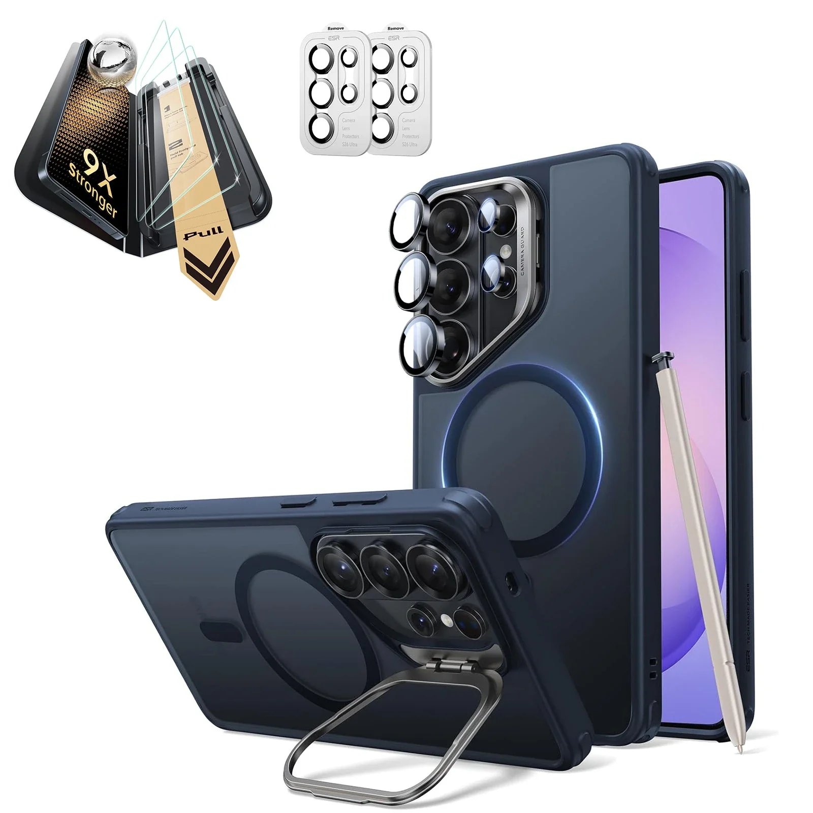 Galaxy S26 Ultra Bundle Classic Hybrid Magnetic Case (Stash Stand) and Armorite® Pro Screen Protector - Frosted Blue