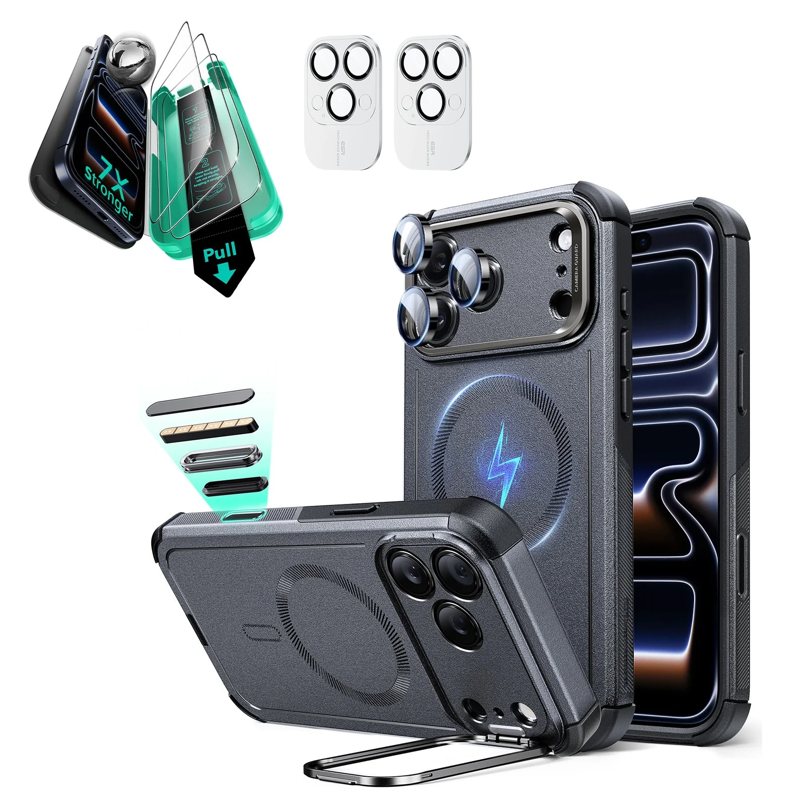 iPhone 17 Pro Bundle Cyber Tough Magnetic Case (Camera Control, Stash Stand) and Armorite Screen Protector - Space Gray