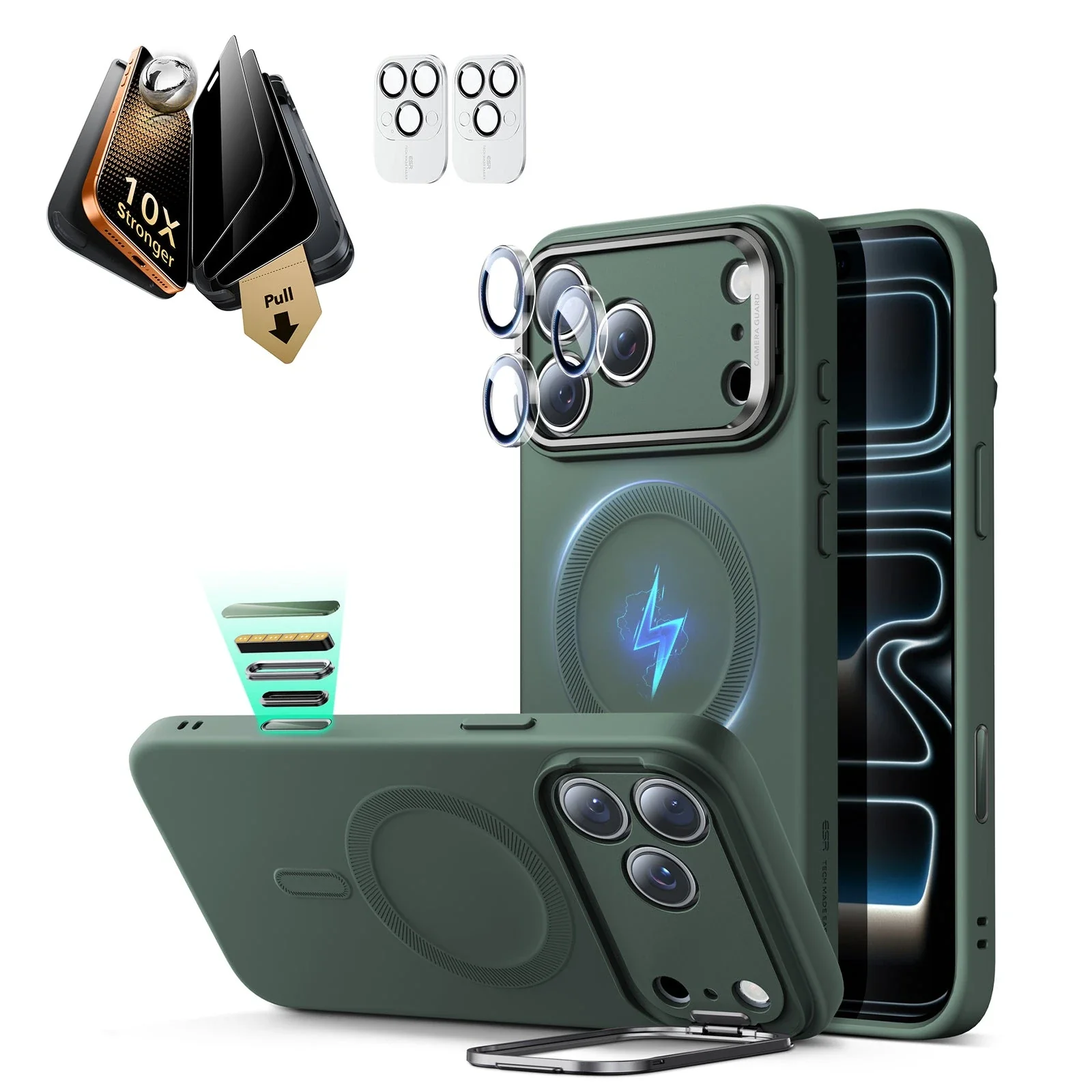 iPhone 17 Pro Max Bundle Cloud Soft Magnetic Case (Stash Stand) and Armorite Pro Privacy Screen Protector - Olive Green