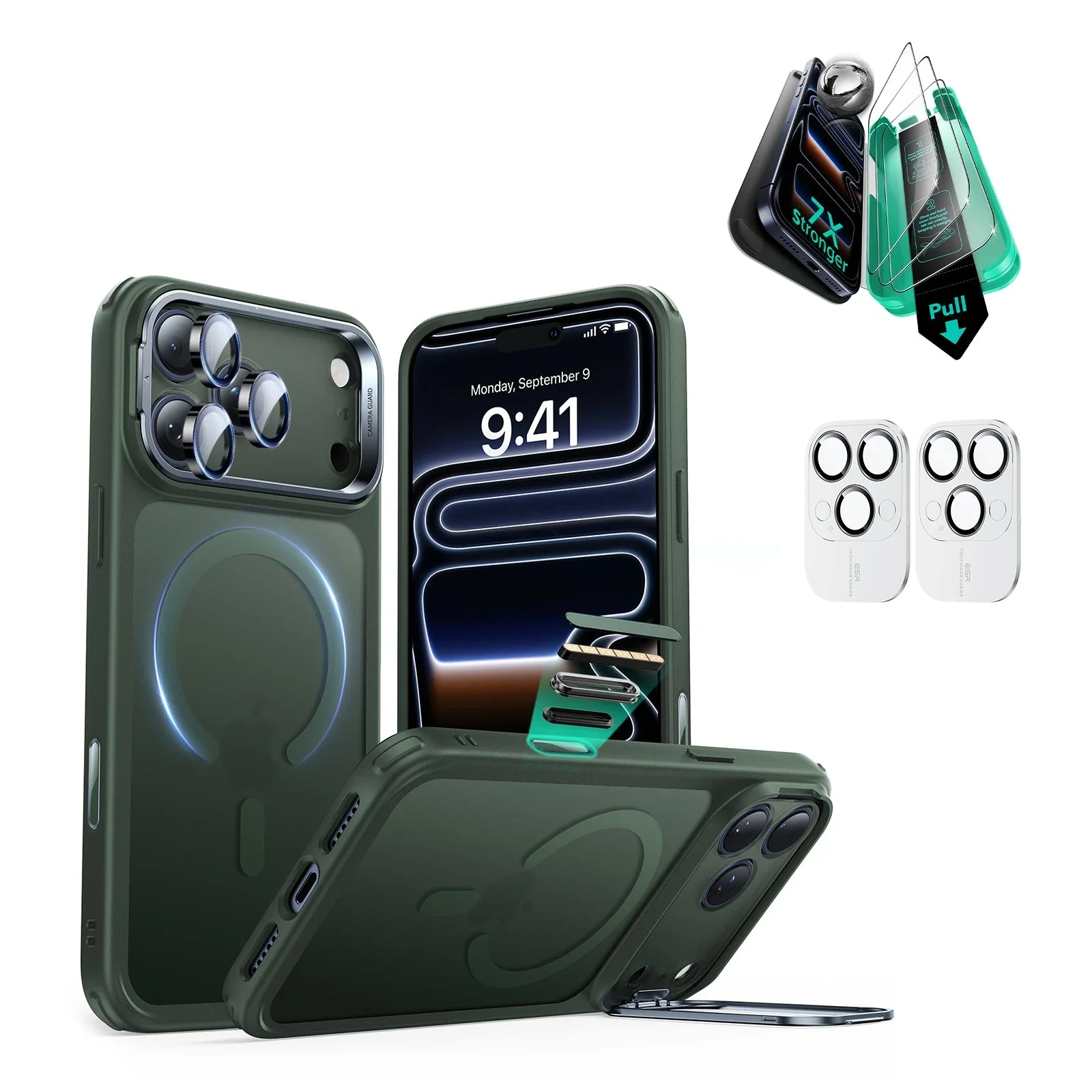 iPhone 17 Pro Bundle Classic Hybrid Magnetic Case (Camera Control, Stash Stand) and Armorite Screen Protector - Frosted Green