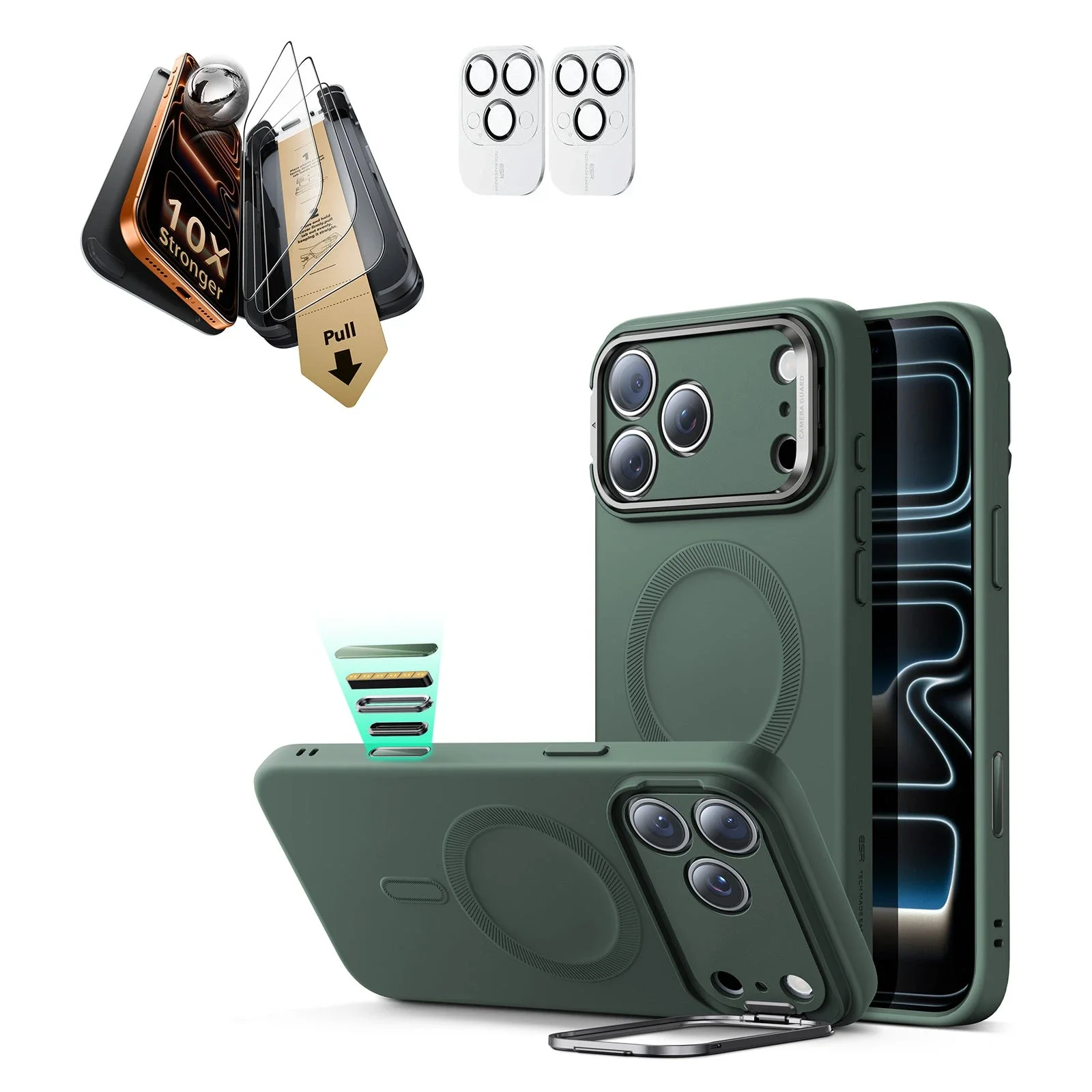 iPhone 17 Pro Bundle Cloud Soft Magnetic Case (Camera Control, Stash Stand) and Armorite Pro Screen Protector - Olive Green