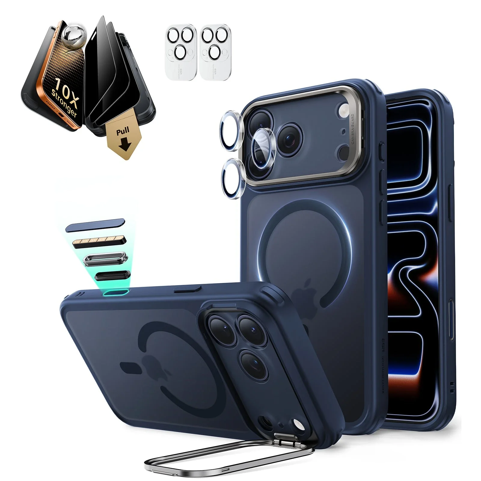 iPhone 17 Pro Max Bundle Classic Hybrid Magnetic Case (Stash Stand) and Armorite Pro Privacy Screen Protector - Frosted Blue