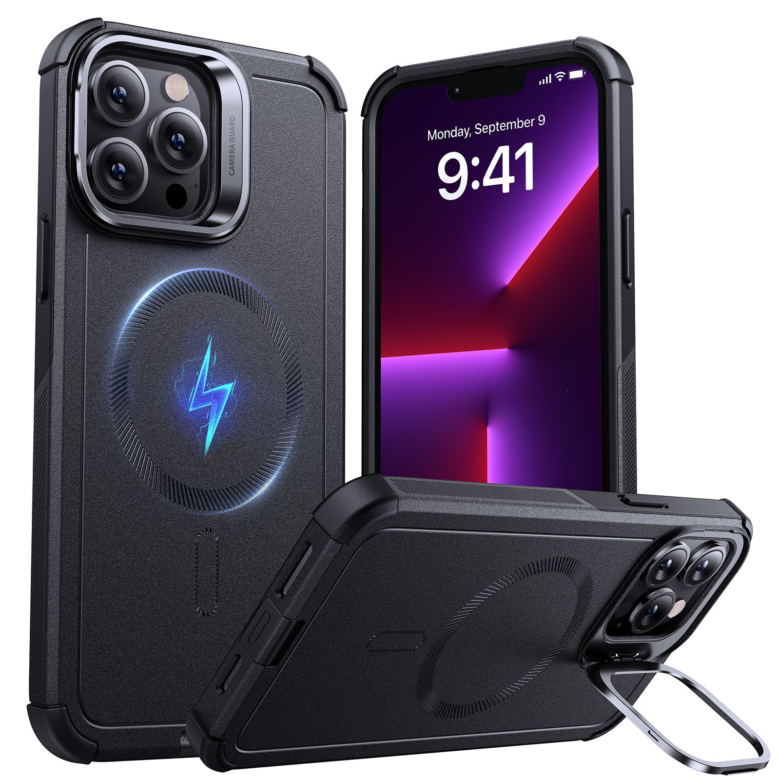 iPhone 13 Pro Cyber Tough Magnetic Case (Stash Stand) - Black