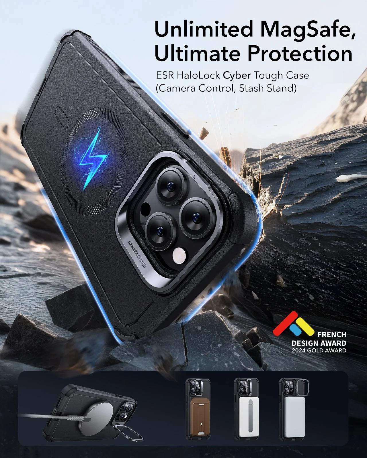 iPhone 13 Pro Cyber Tough Magnetic Case (Stash Stand) - Black - Image 2