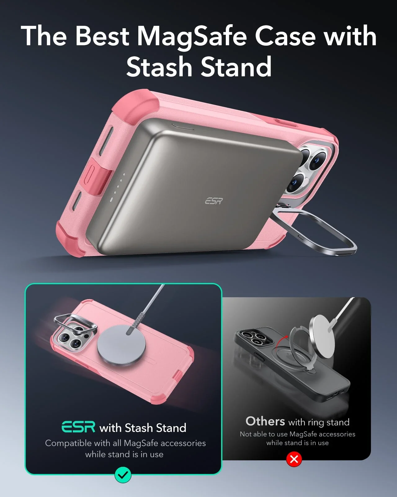 iPhone 13 Pro Max Cyber Tough Magnetic Case (Stash Stand) - Pink - Image 4