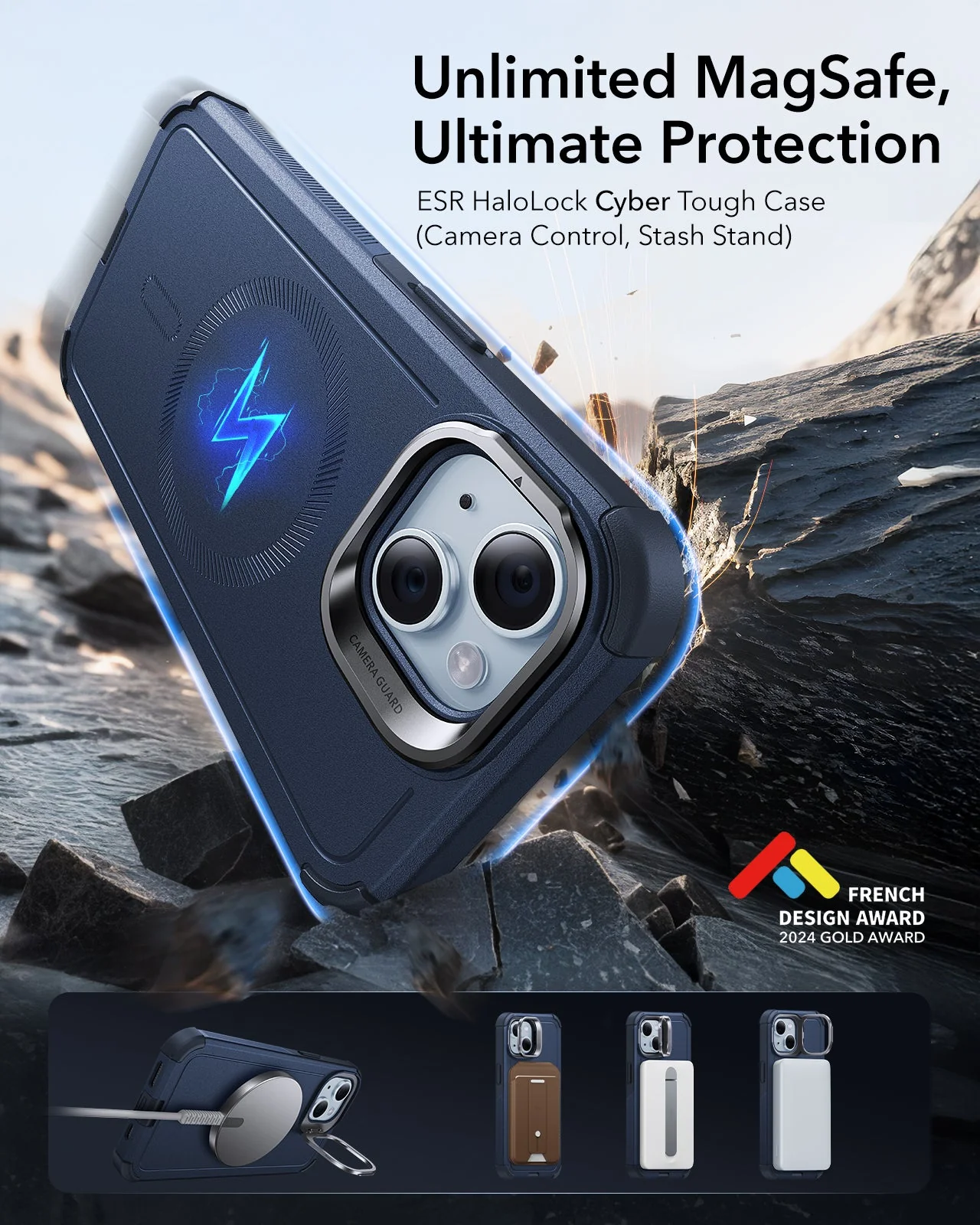 iPhone 14/13 Cyber Tough Magnetic Case (Stash Stand) - Dark Blue - Image 2