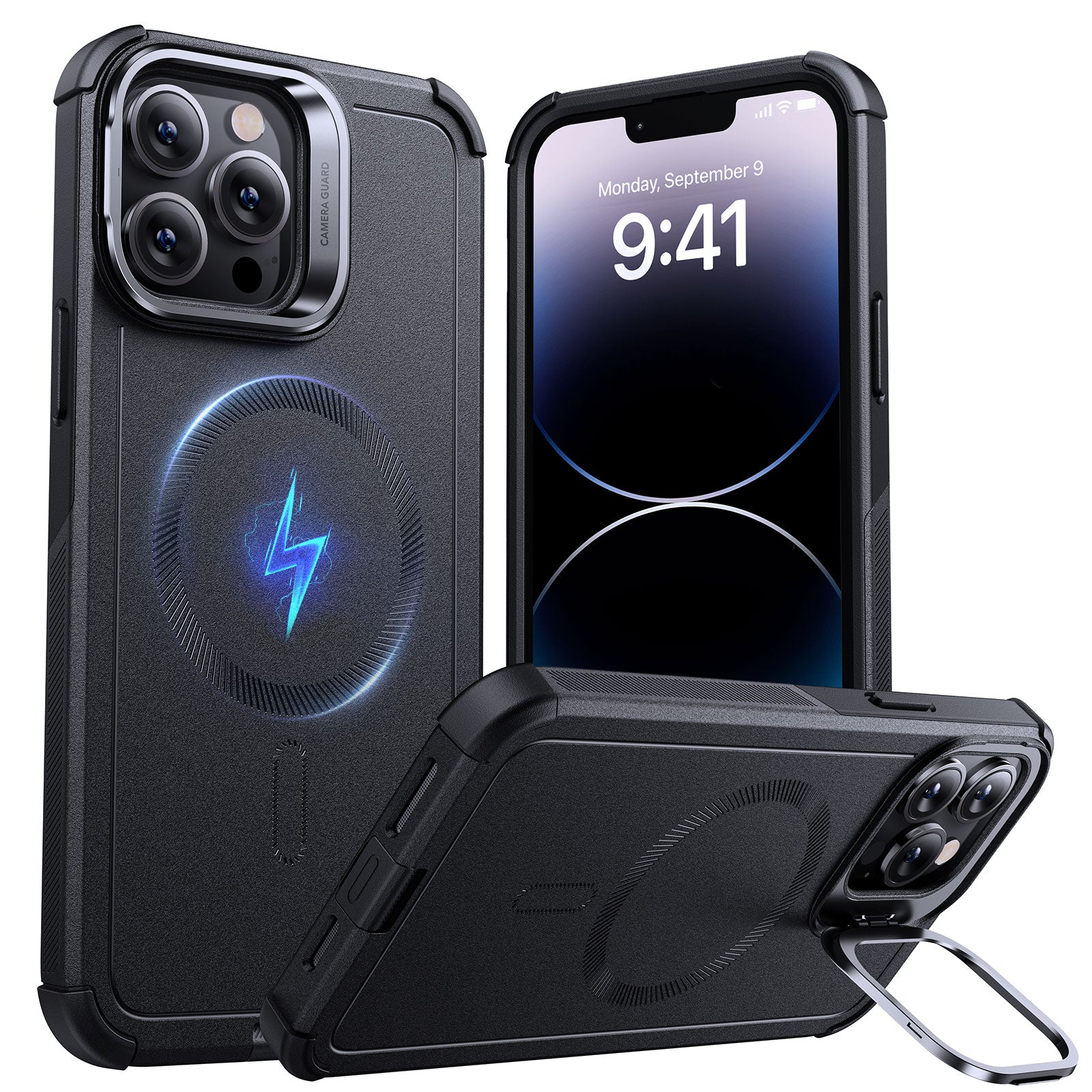 iPhone 14 Pro Cyber Tough Magnetic Case (Stash Stand) - Black