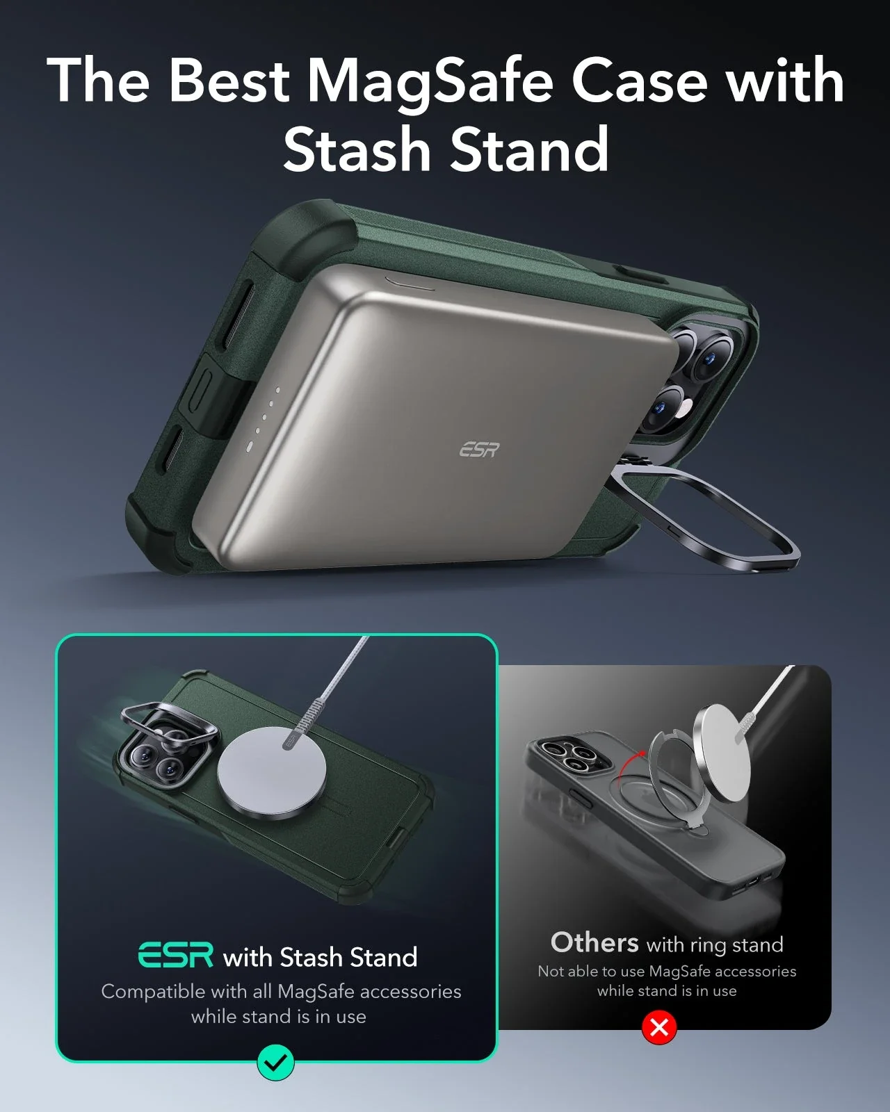 iPhone 14 Pro Cyber Tough Magnetic Case (Stash Stand) - Green - Image 4