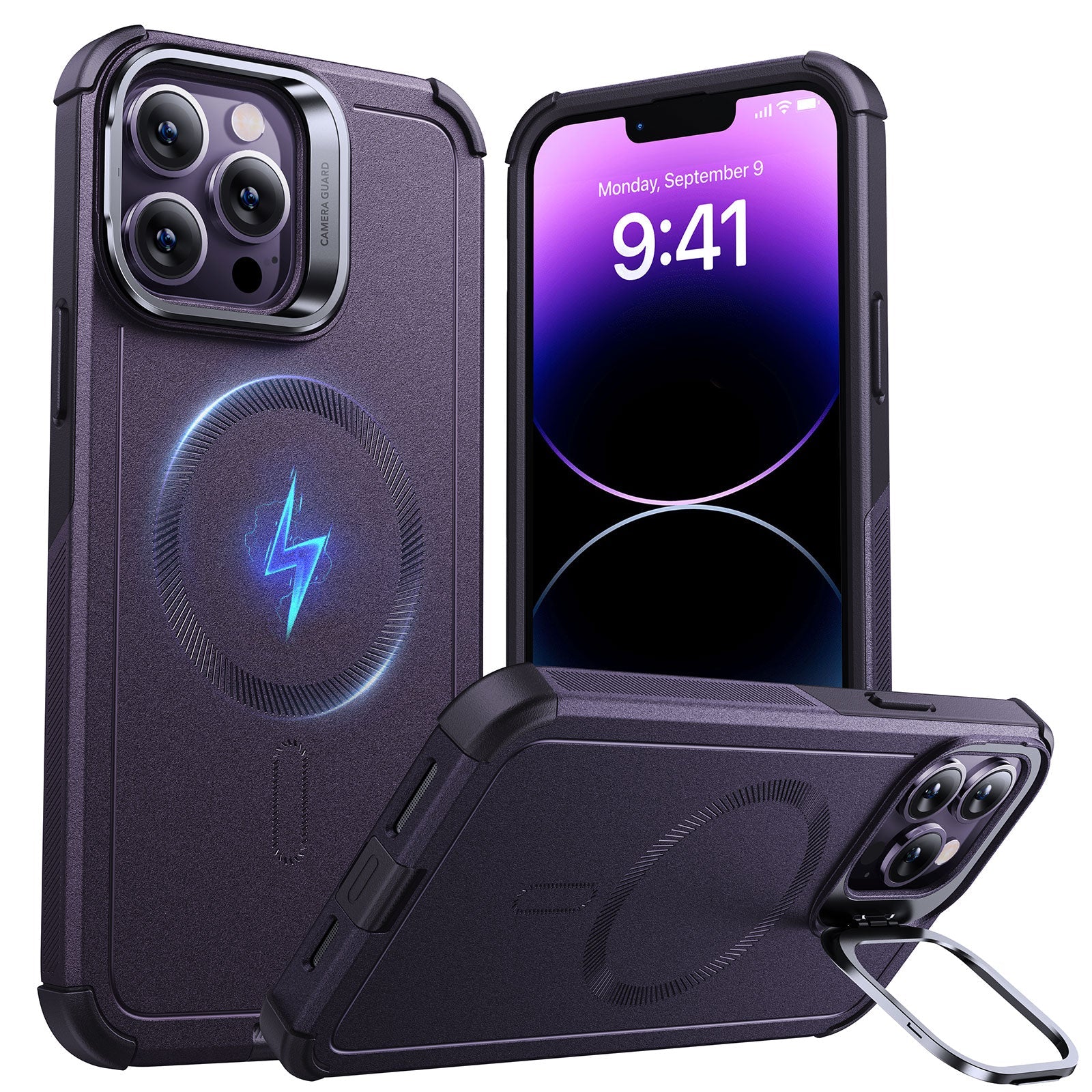iPhone 14 Pro Cyber Tough Magnetic Case (Stash Stand) - Purple