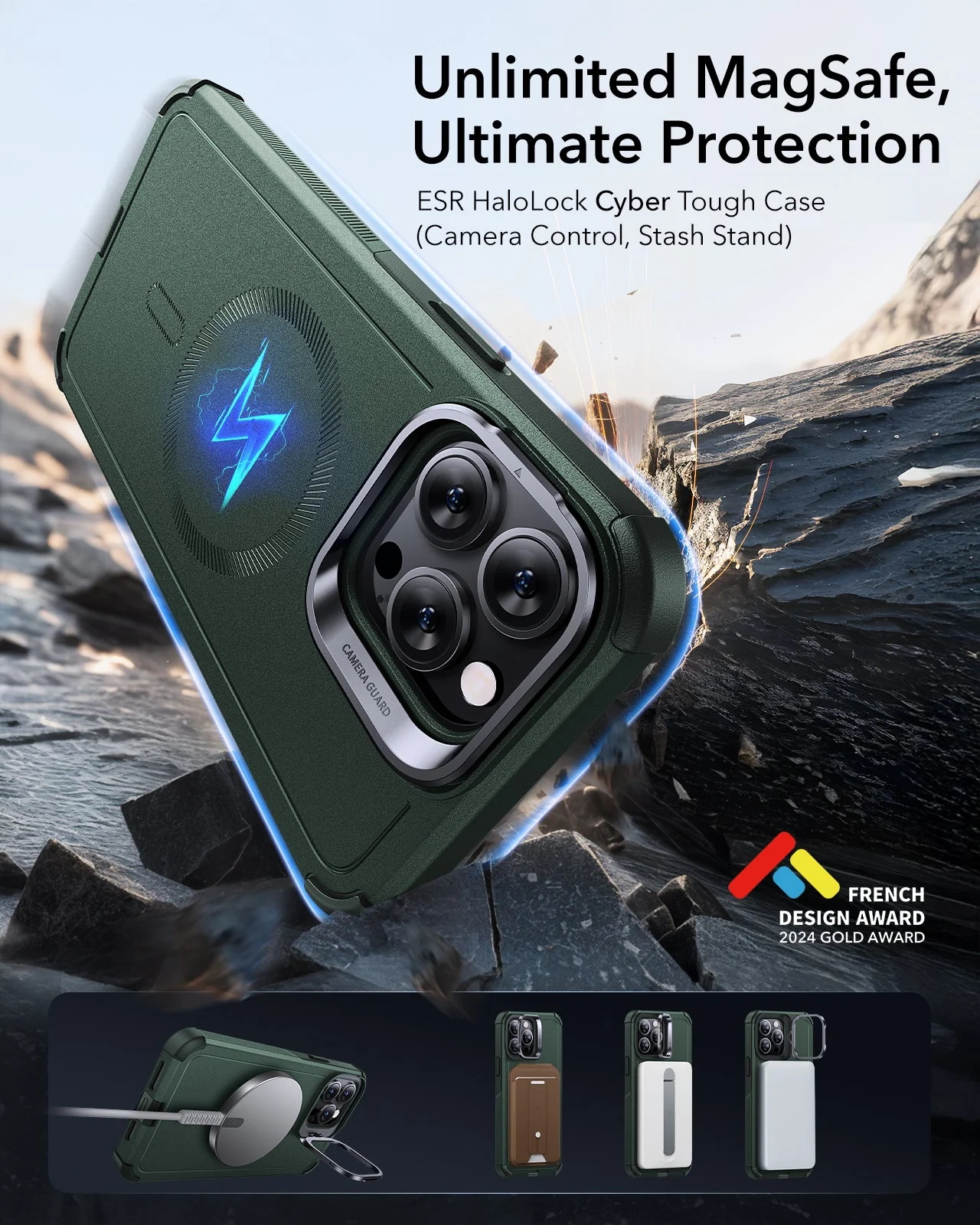 iPhone 14 Pro Max Cyber Tough Magnetic Case (Stash Stand) - Green - Image 2