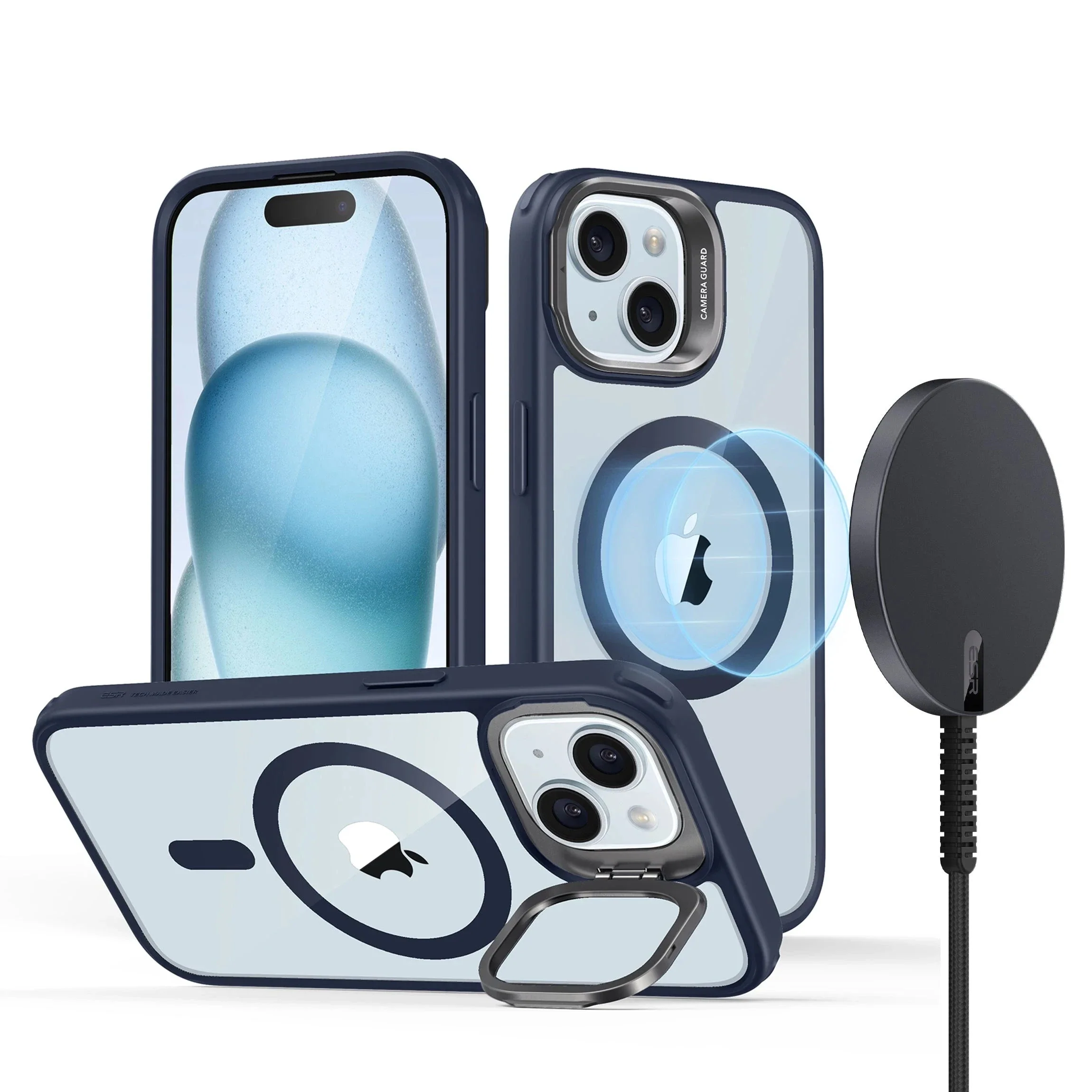 iPhone 15 Plus Snap-and-Stand Charging Bundle - Clear Dark Blue