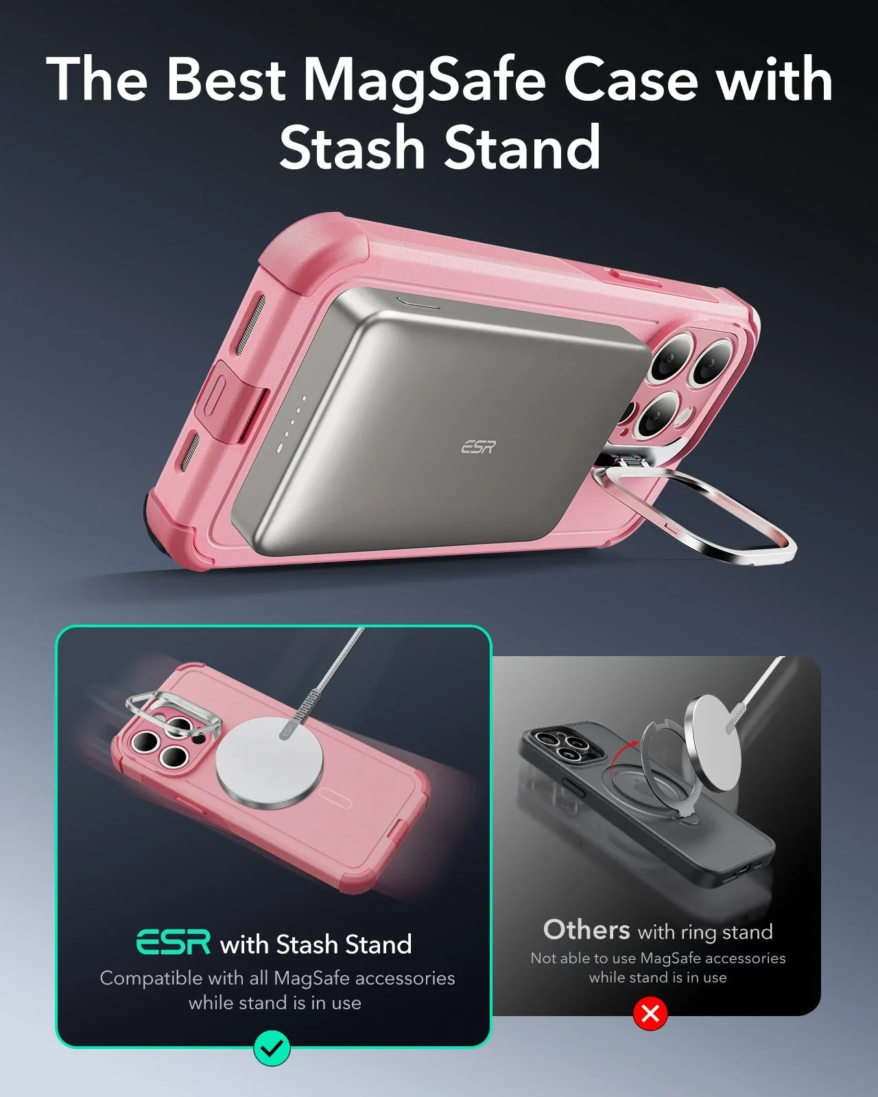 iPhone 15 Pro Cyber Tough Case with Stash Stand (HaloLock) - Pink - Image 2