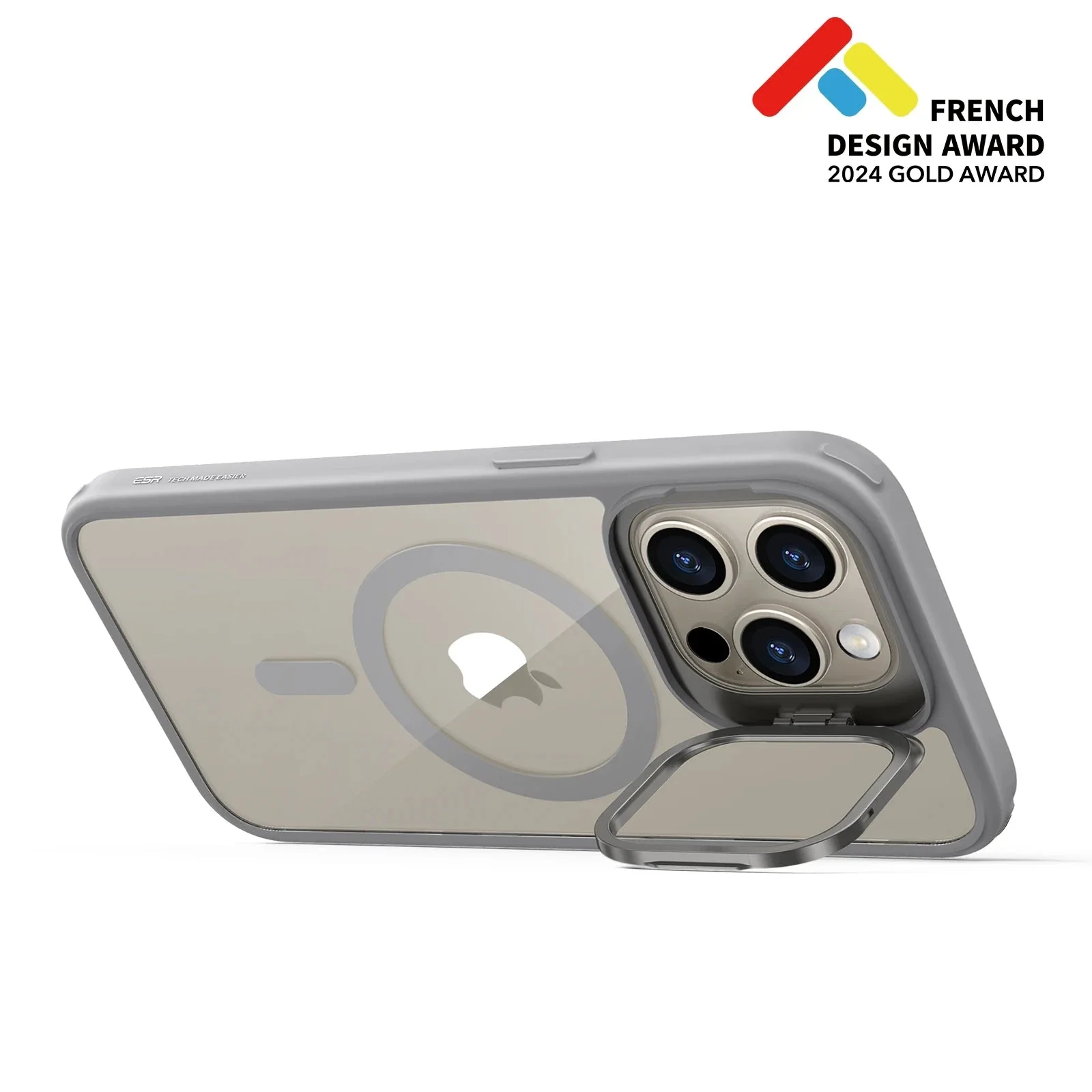 iPhone 15 Pro Classic Hybrid Case with Stash Stand (HaloLock) - Clear Grey