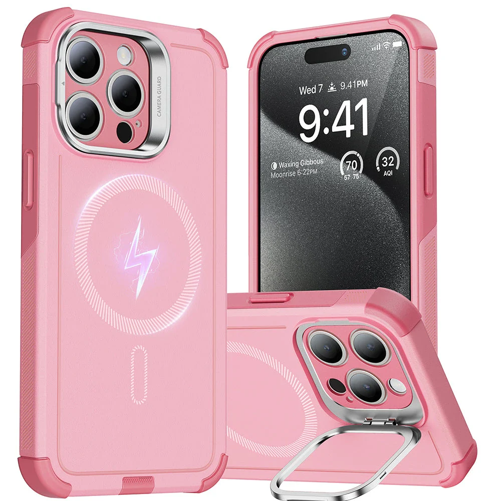 iPhone 15 Pro Max Cyber Tough Case with Stash Stand (HaloLock) - Pink