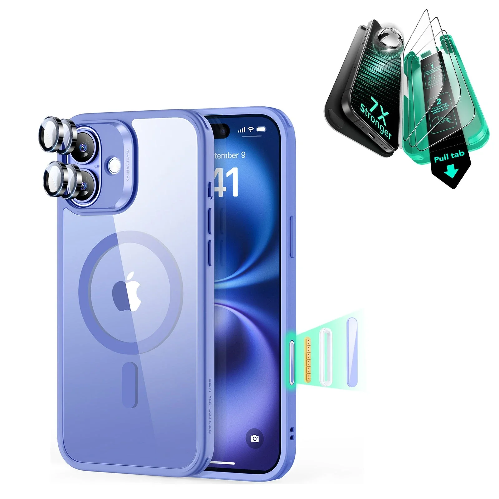iPhone 16 Classic Hybrid Magnetic Case (Camera Control) & Screen Protection Bundle - Clear Blue