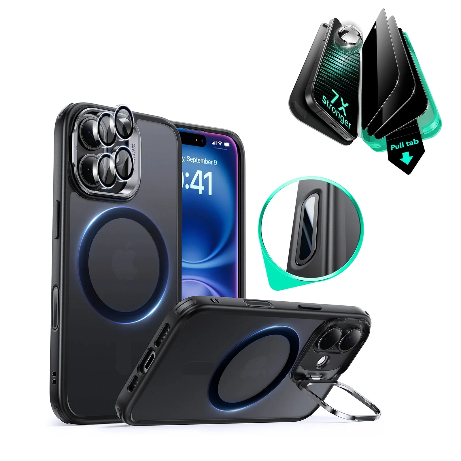 iPhone 16 Plus Classic Hybrid Magnetic Case (Camera Control, Stash Stand) & Privacy Screen Protector Bundle - Frosted Black