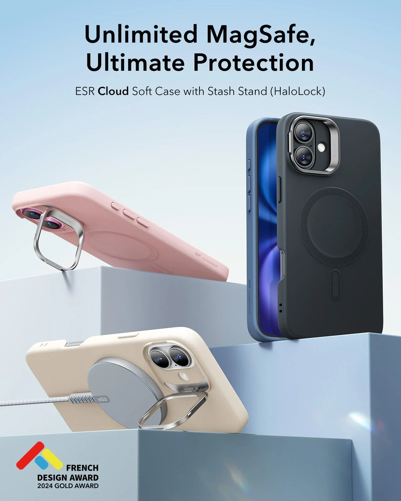 iPhone 16 Plus Cloud Soft Case with Stash Stand (HaloLock) - Pink - Image 2