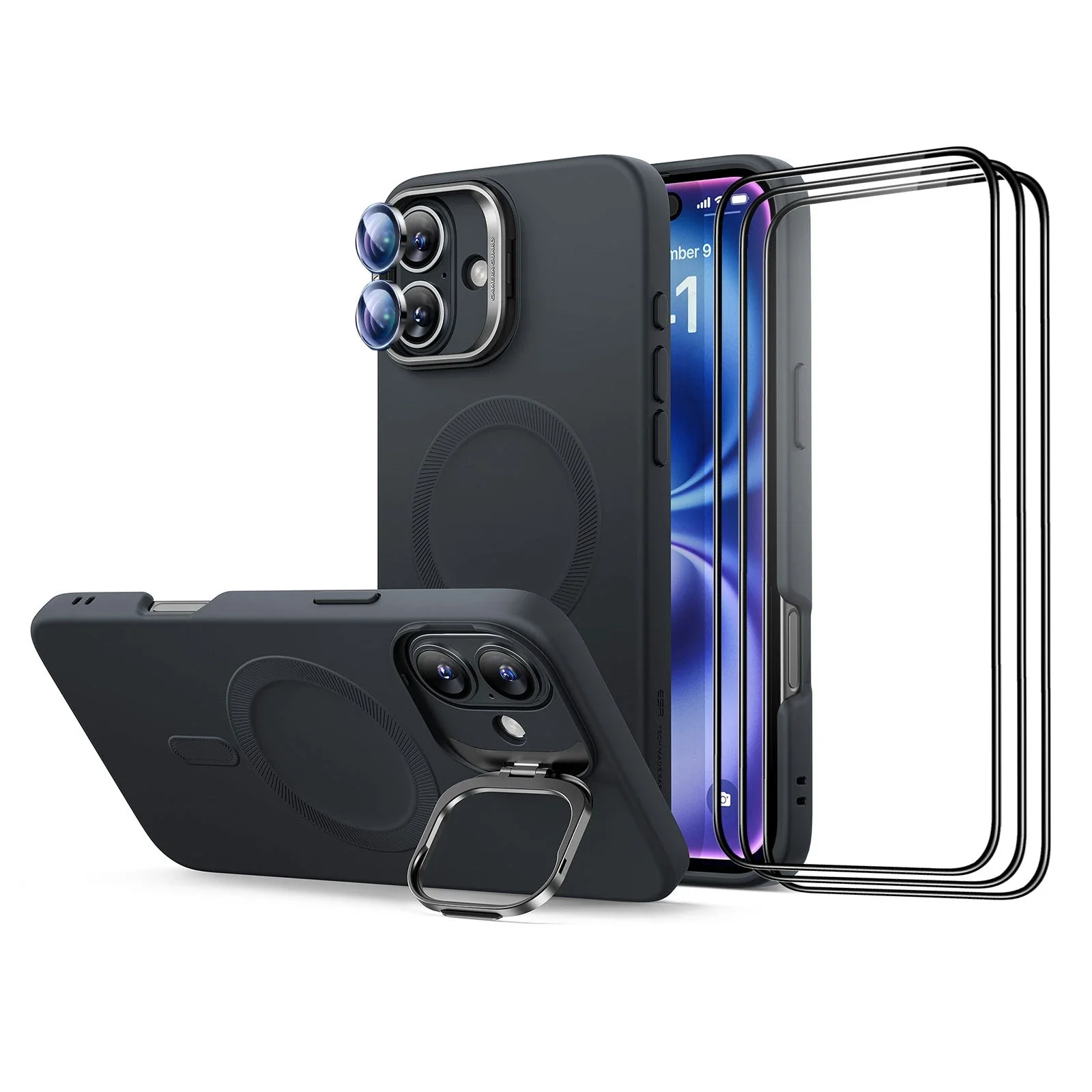 iPhone 16 Plus Cloud Soft Case with Stash Stand Protection Bundle - Black