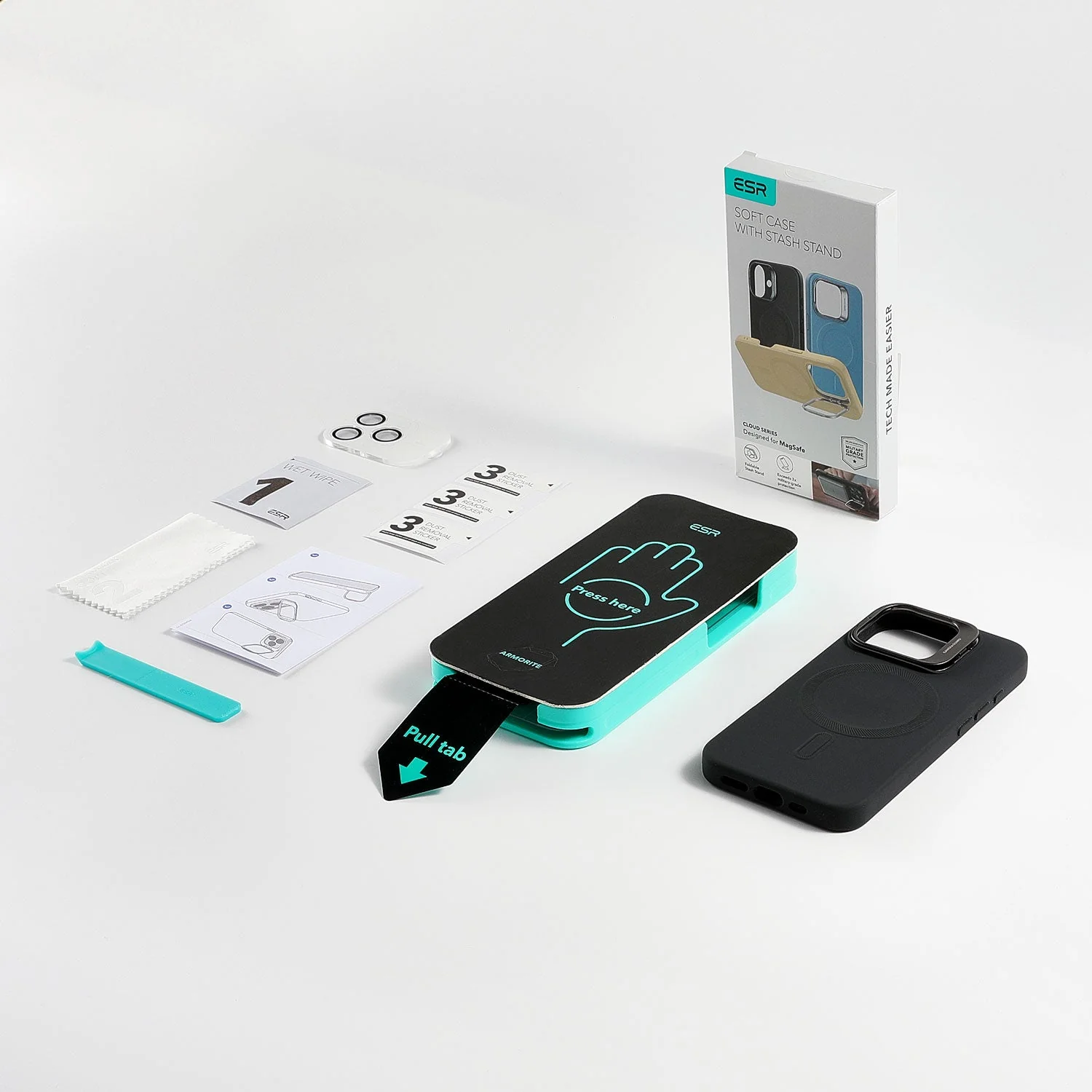 iPhone 16 Plus Cloud Soft Case with Stash Stand Protection Bundle - Black - Image 2