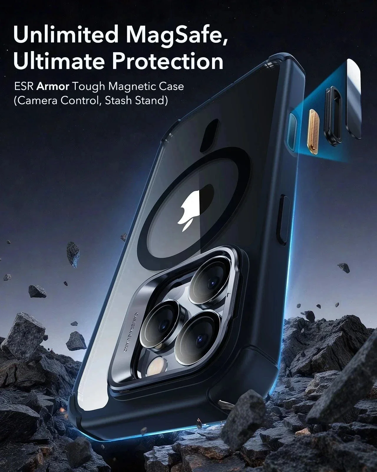 iPhone 16 Pro Armor Tough Magnetic Case (Camera Control, Stash Stand) - Clear Black - Image 2