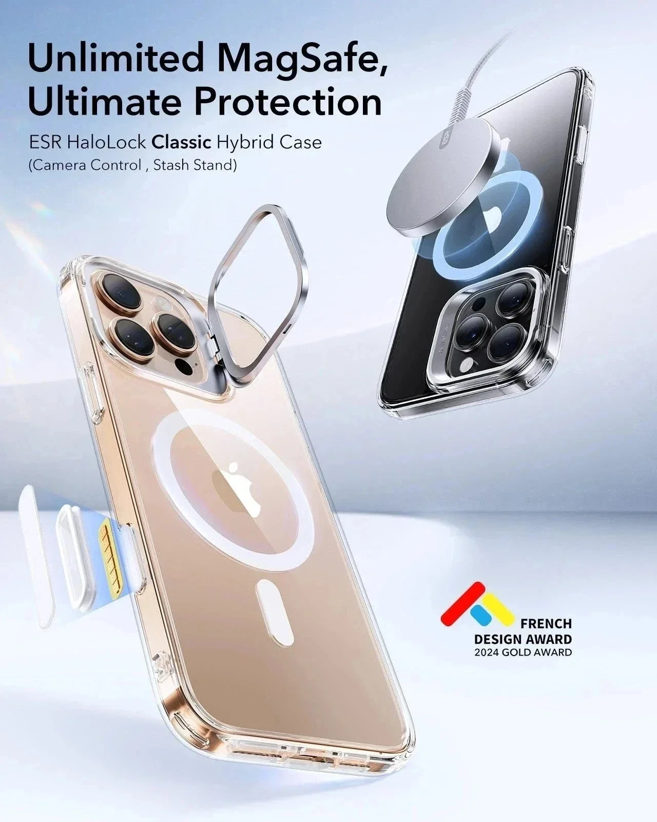 iPhone 16 Pro Classic Hybrid Magnetic Case (Camera Control, Stash Stand) & Privacy Screen Protector Bundle - Clear - Image 3