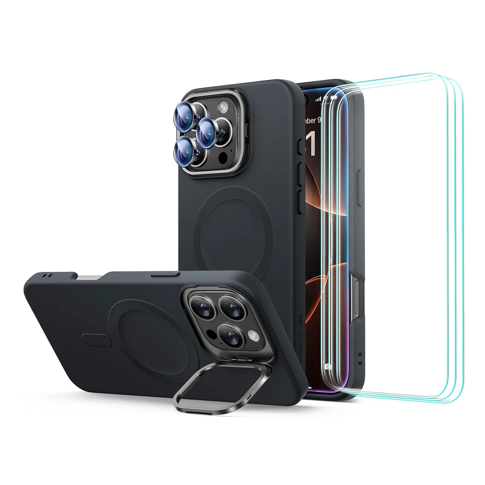 iPhone 16 Pro Cloud Soft Case with Stash Stand Protection Bundle - Black