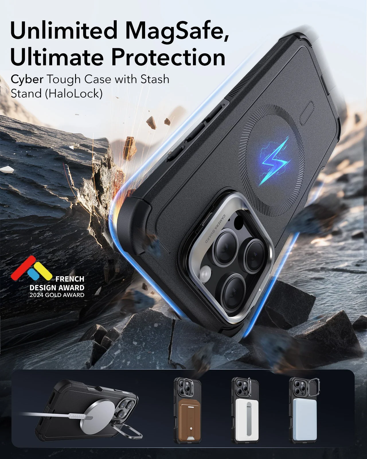 iPhone 16 Pro Cyber Tough Case with Stash Stand Protection Bundle - Black - Image 2