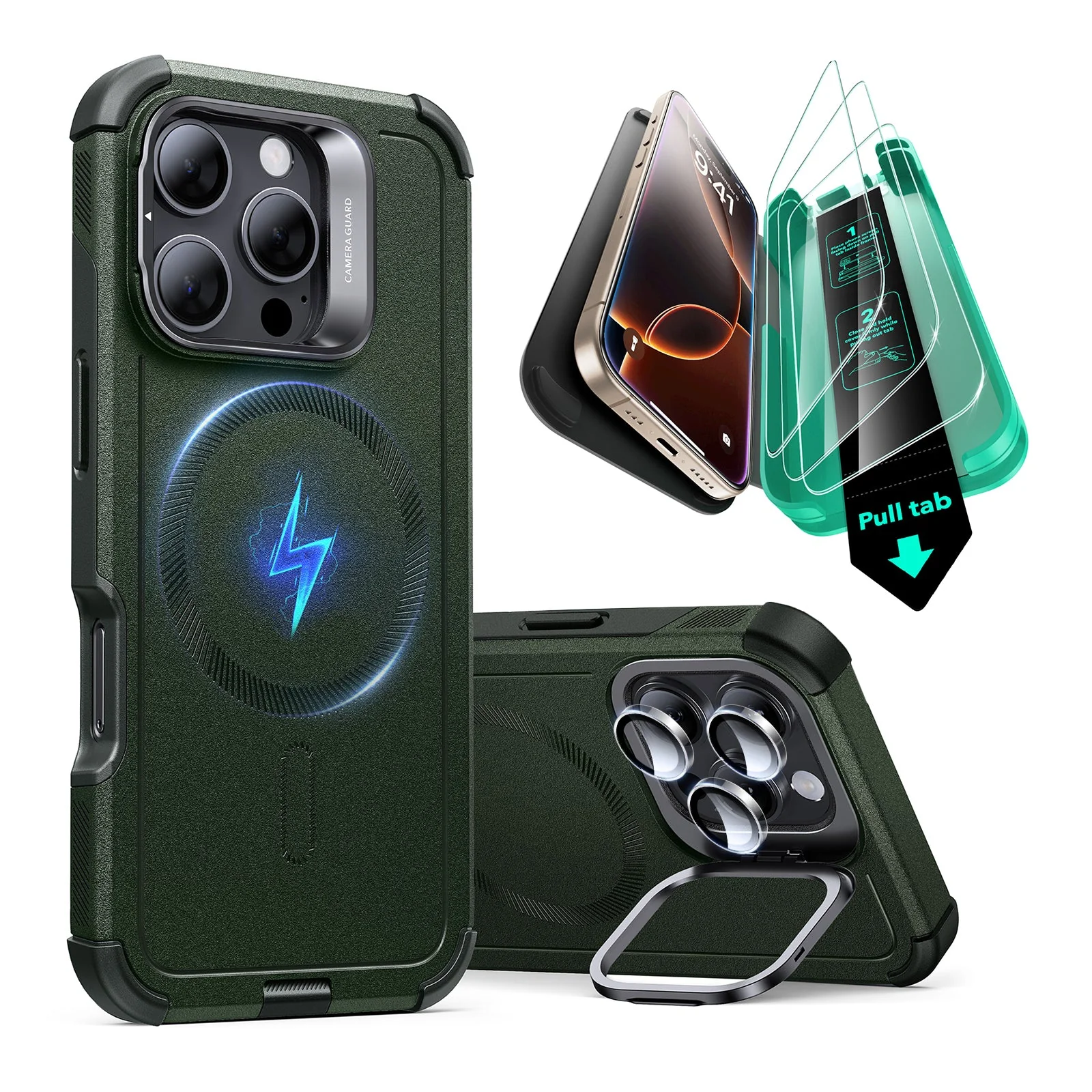 iPhone 16 Pro Cyber Tough Case with Stash Stand Protection Bundle - Dark Green