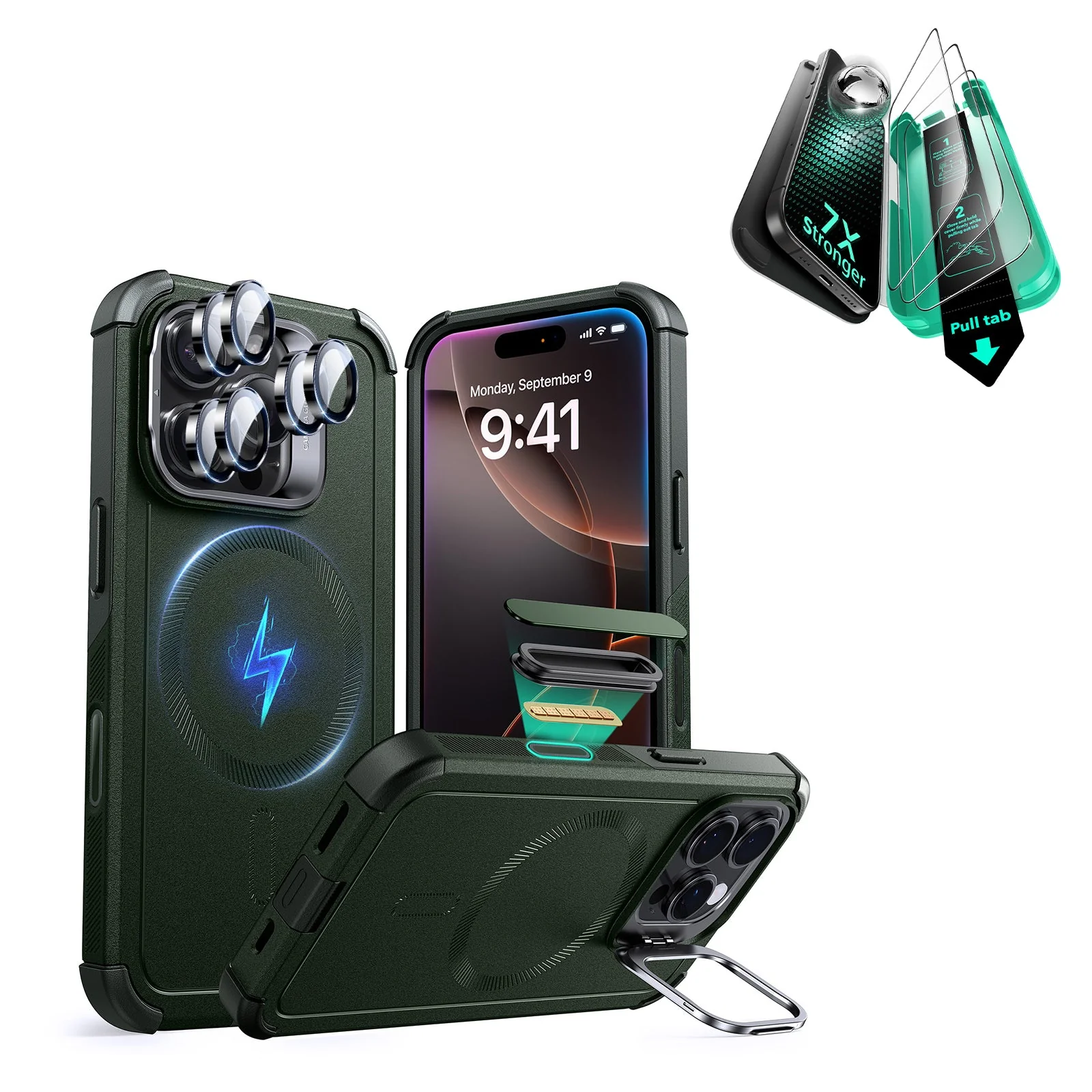 iPhone 16 Pro Cyber Tough Magnetic Case Protection Bundle (Camera Control, Stash Stand) - Army Green