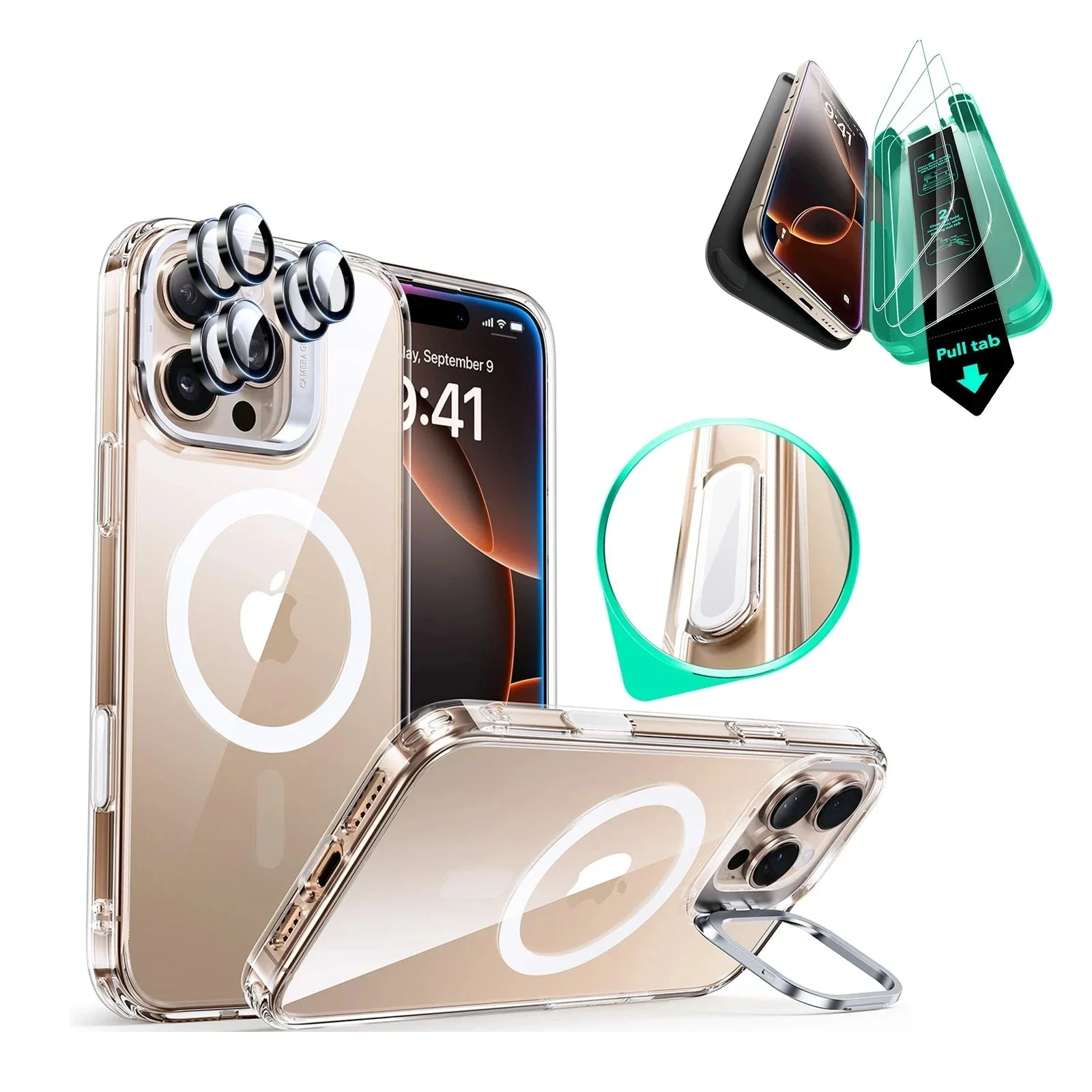iPhone 16 Pro Classic Hybrid Magnetic Case Protection Bundle (Camera Control, Stash Stand) - Clear