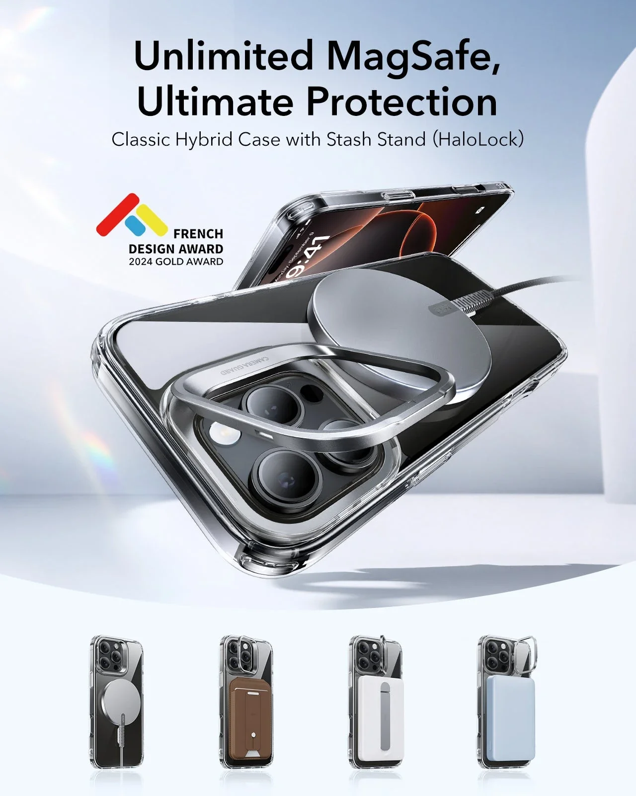iPhone 16 Pro Max Classic Hybrid Case with Stash Stand (HaloLock) - Clear - Image 2