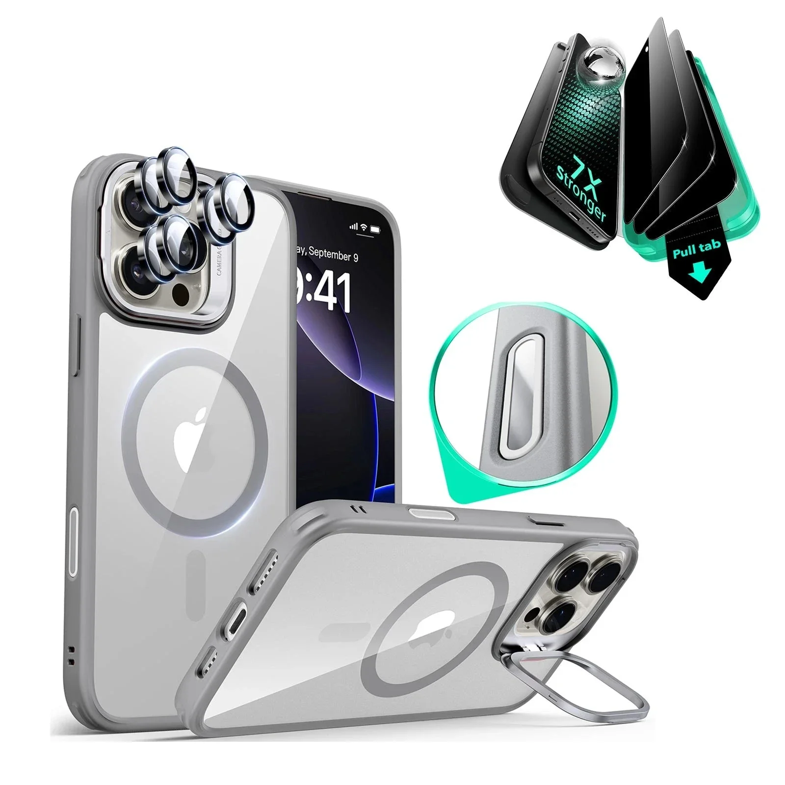 iPhone 16 Pro Max Classic Hybrid Magnetic Case (Camera Control, Stash Stand) & Privacy Screen Protector Bundle - Clear Grey