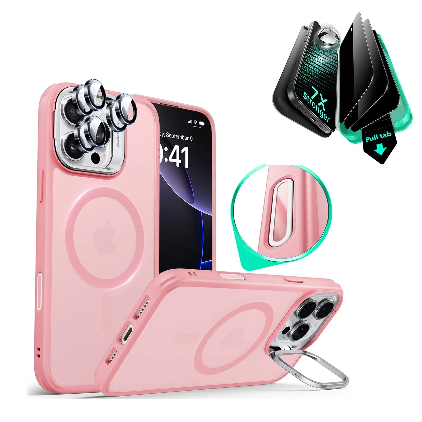 iPhone 16 Pro Max Classic Hybrid Magnetic Case (Camera Control, Stash Stand) & Privacy Screen Protector Bundle - Frosted Pink