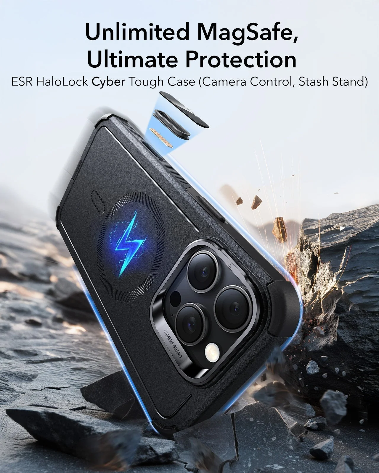 iPhone 16 Pro Max Cyber Tough Magnetic Case Protection Bundle (Camera Control, Stash Stand) - Black - Image 3